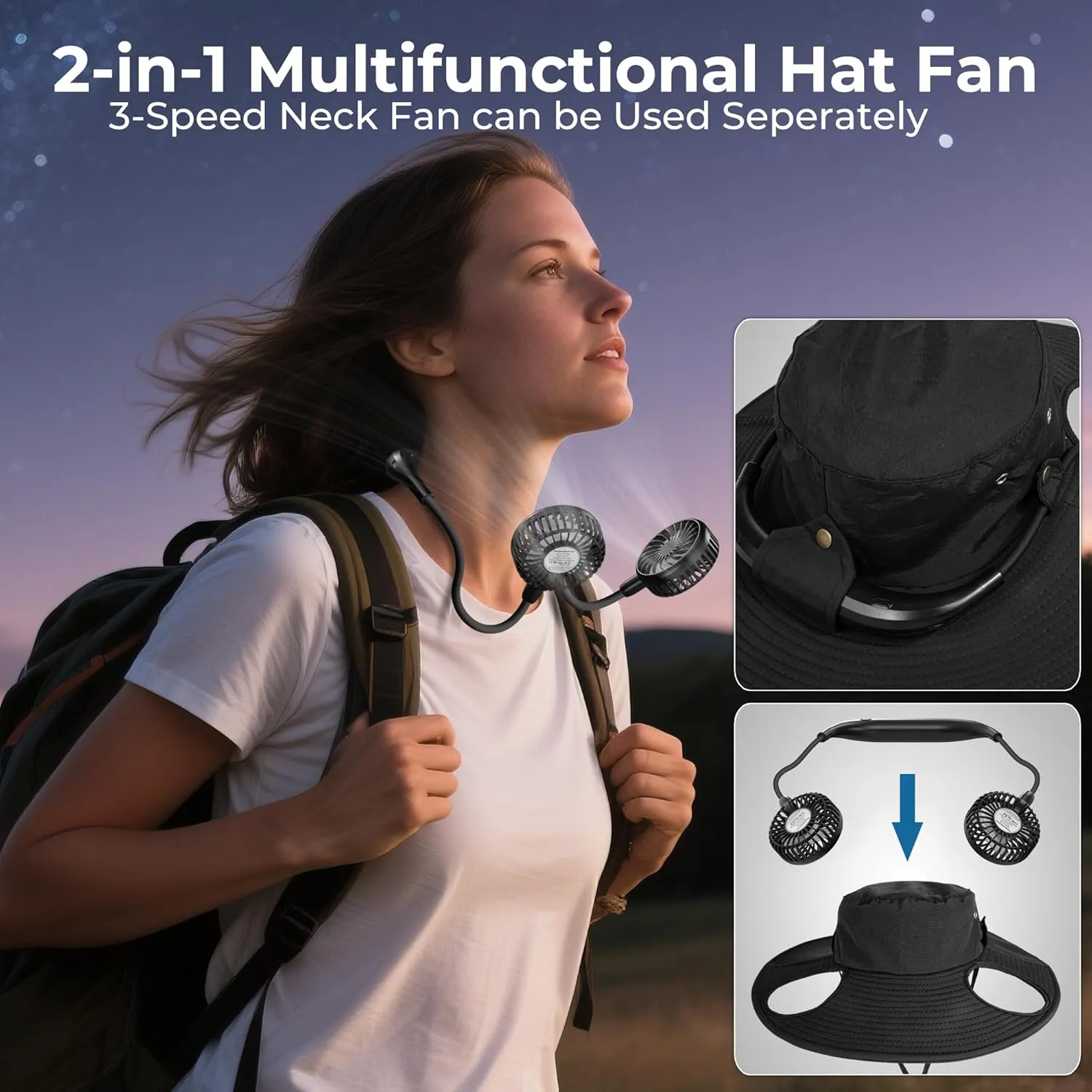 AMACOOL 2-in-1 Hands-Free Hat Fan with Detachable Neck Fan, UPF 50  Wide Brim Sun Hat, 3-Speed Adjustable, 2600mAh Rechargeable for Outdoor Fishing Camping Beach Travel-Black