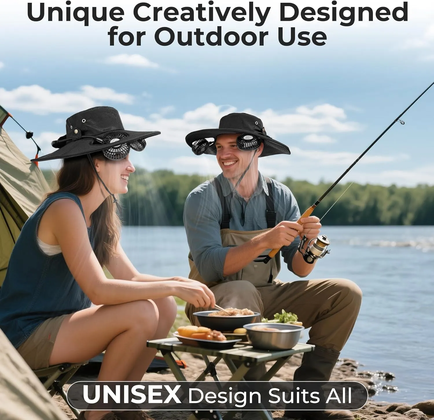 AMACOOL 2-in-1 Hands-Free Hat Fan with Detachable Neck Fan, UPF 50  Wide Brim Sun Hat, 3-Speed Adjustable, 2600mAh Rechargeable for Outdoor Fishing Camping Beach Travel-Black