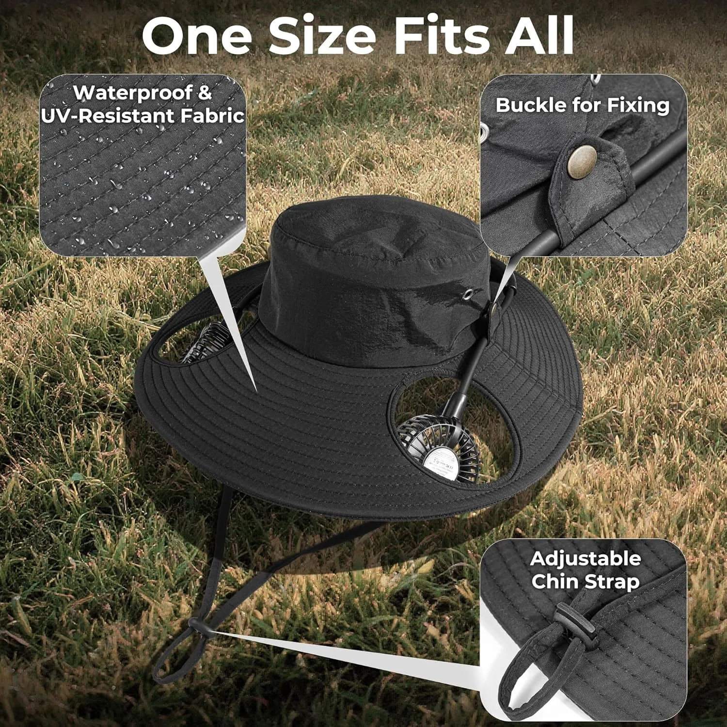 AMACOOL 2-in-1 Hands-Free Hat Fan with Detachable Neck Fan, UPF 50  Wide Brim Sun Hat, 3-Speed Adjustable, 2600mAh Rechargeable for Outdoor Fishing Camping Beach Travel-Black