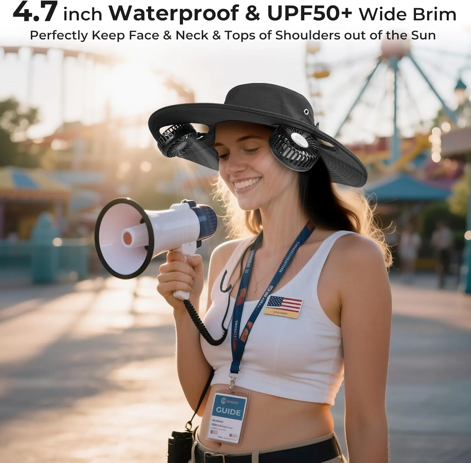 AMACOOL 2-in-1 Hands-Free Hat Fan with Detachable Neck Fan, UPF 50  Wide Brim Sun Hat, 3-Speed Adjustable, 2600mAh Rechargeable for Outdoor Fishing Camping Beach Travel-Black