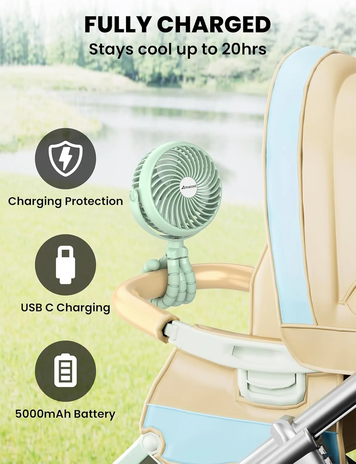 AMACOOL Baby Stroller Fan - 5000mAh Rechargeable, 3-Speed, Strong Yet Quiet, 360Rotate Portable Clip on Fan for Travel, Car Seat, Crib, Bike, Treadmill, Beach Vacation Essentials