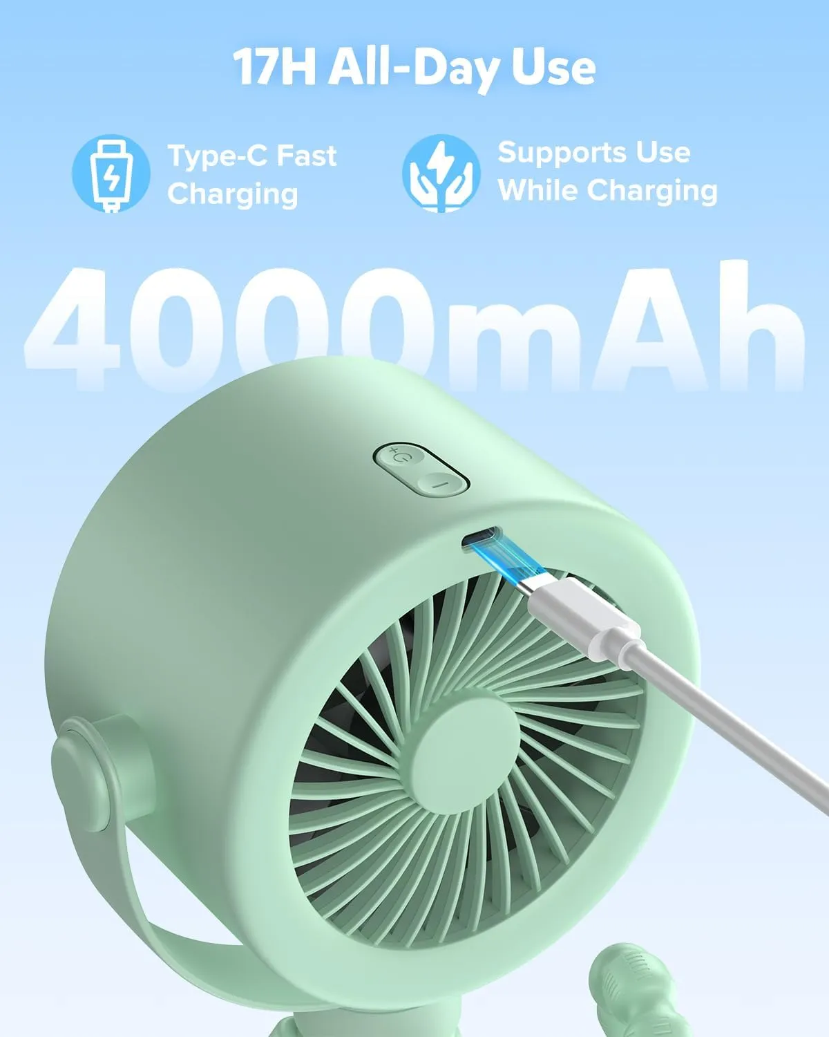 AMACOOL Baby Stroller Fan, Rechargeable Portable Clip on Fan, 17H Cooling with 5 Speeds, LED Display, 360Rotate Personal Cooling Fans for Car Seat, Crib, Travel, Camping, Gifts for New Parents
