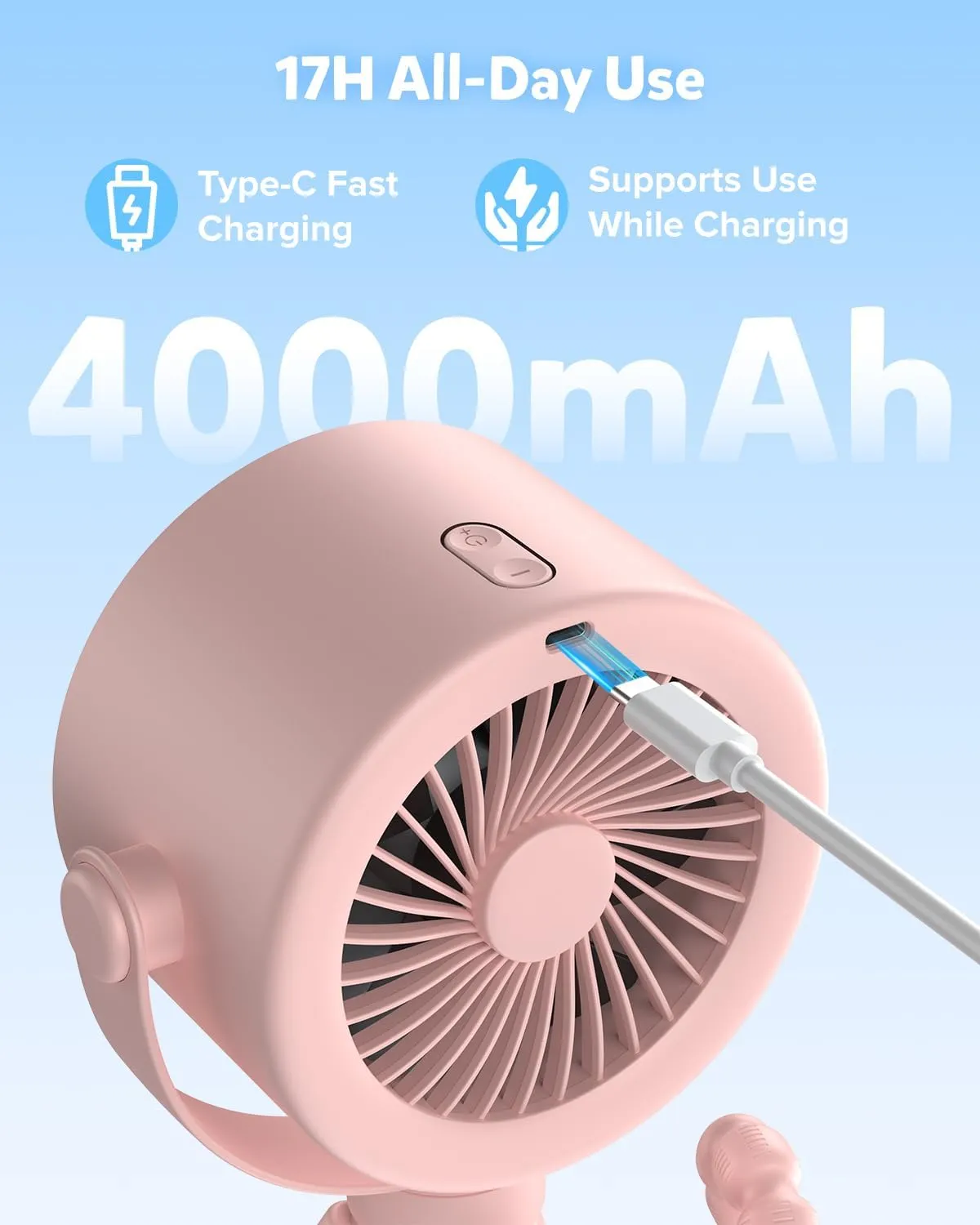 AMACOOL Baby Stroller Fan, Rechargeable Portable Clip on Fan, 17H Cooling with 5 Speeds, LED Display, 360Rotate Personal Cooling Fans for Car Seat, Crib, Travel, Camping, Gifts for New Parents