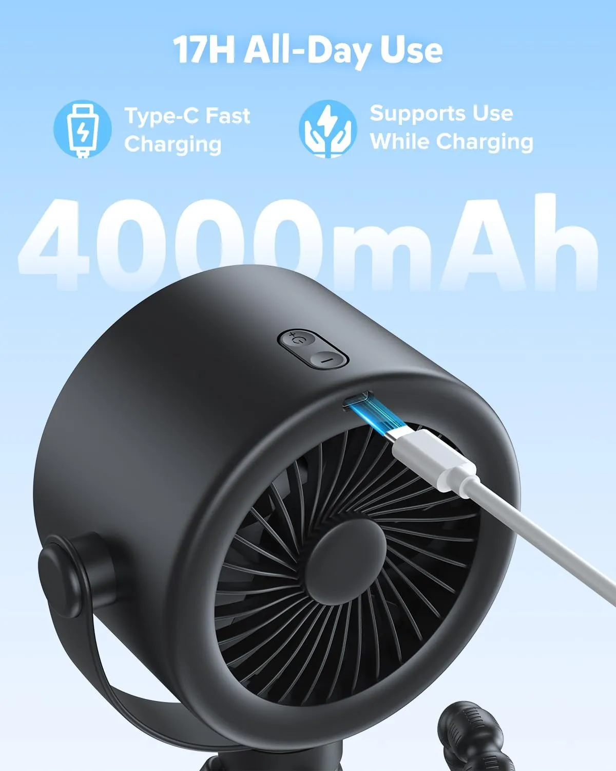 AMACOOL Baby Stroller Fan, Rechargeable Portable Clip on Fan, 17H Cooling with 5 Speeds, LED Display, 360Rotate Personal Cooling Fans for Car Seat, Crib, Travel, Camping, Gifts for New Parents