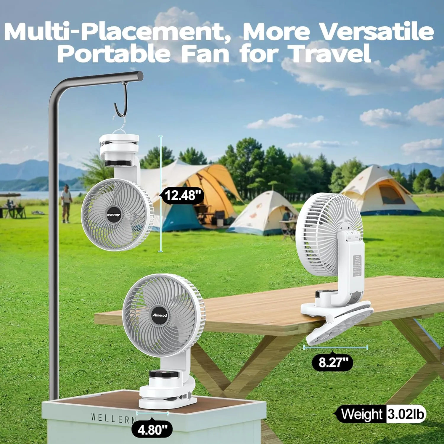 AMACOOL Battery Operated Camping Fan with Light, 20000mAh Rechargeable Clip on Fan with Hook & Digital Display, 112Hrs Running, 9 Speed, 360 Rotation Portable Small Fans for Tent Camping RV Travel