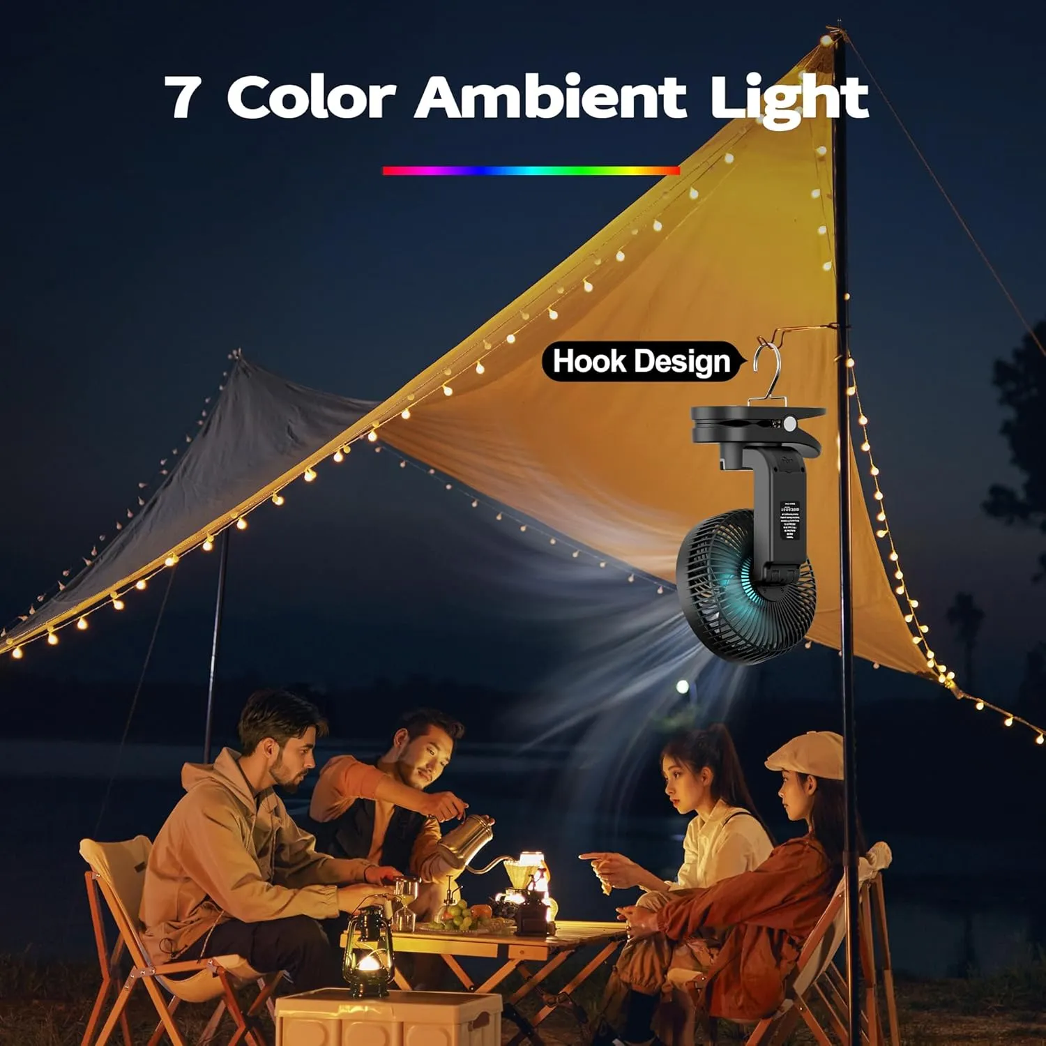 AMACOOL Battery Operated Camping Fan with Light, 20000mAh Rechargeable Clip on Fan with Hook & Digital Display, 112Hrs Running, 9 Speed, 360 Rotation Portable Small Fans for Tent Camping RV Travel