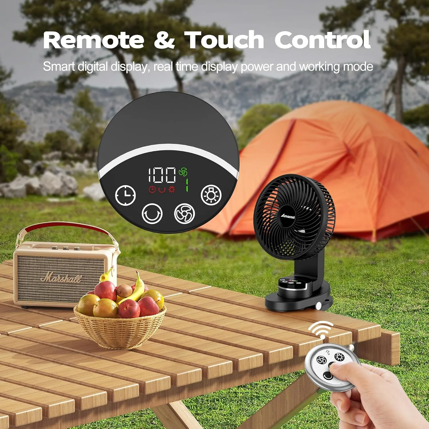 AMACOOL Battery Operated Camping Fan with Light, 20000mAh Rechargeable Clip on Fan with Hook & Digital Display, 112Hrs Running, 9 Speed, 360 Rotation Portable Small Fans for Tent Camping RV Travel