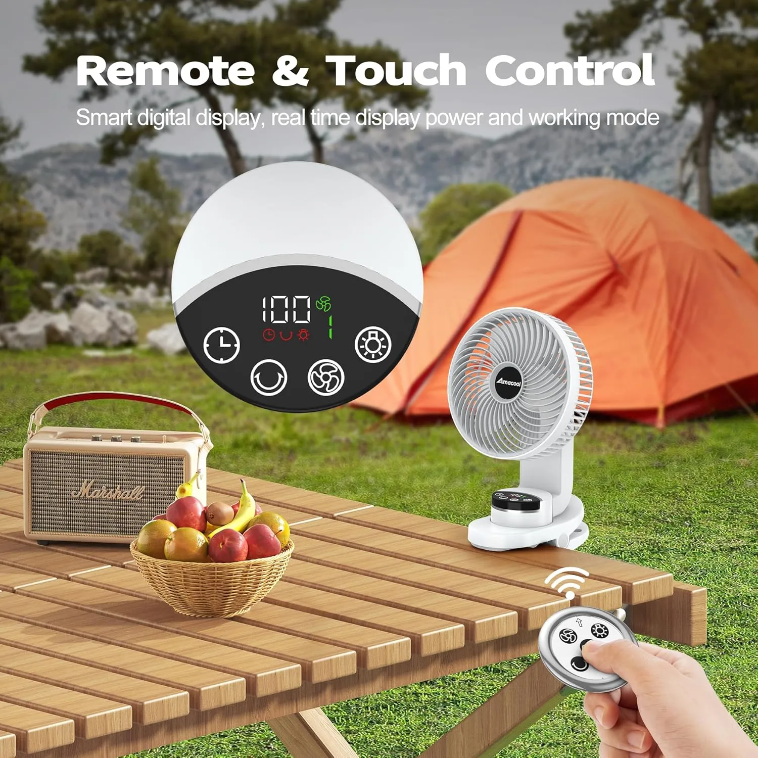 AMACOOL Battery Operated Camping Fan with Light, 20000mAh Rechargeable Clip on Fan with Hook & Digital Display, 112Hrs Running, 9 Speed, 360 Rotation Portable Small Fans for Tent Camping RV Travel