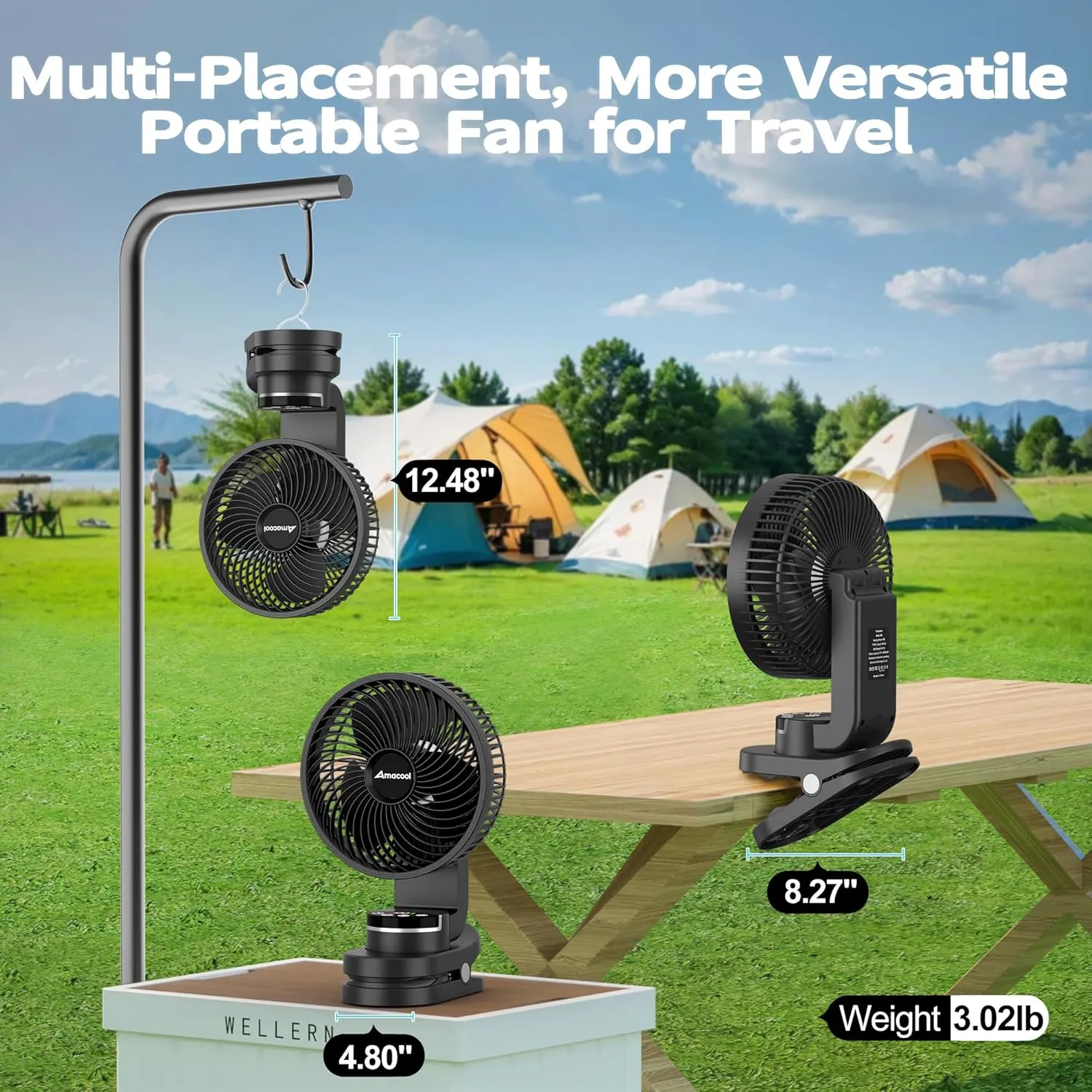 AMACOOL Battery Operated Camping Fan with Light, 20000mAh Rechargeable Clip on Fan with Hook & Digital Display, 112Hrs Running, 9 Speed, 360 Rotation Portable Small Fans for Tent Camping RV Travel