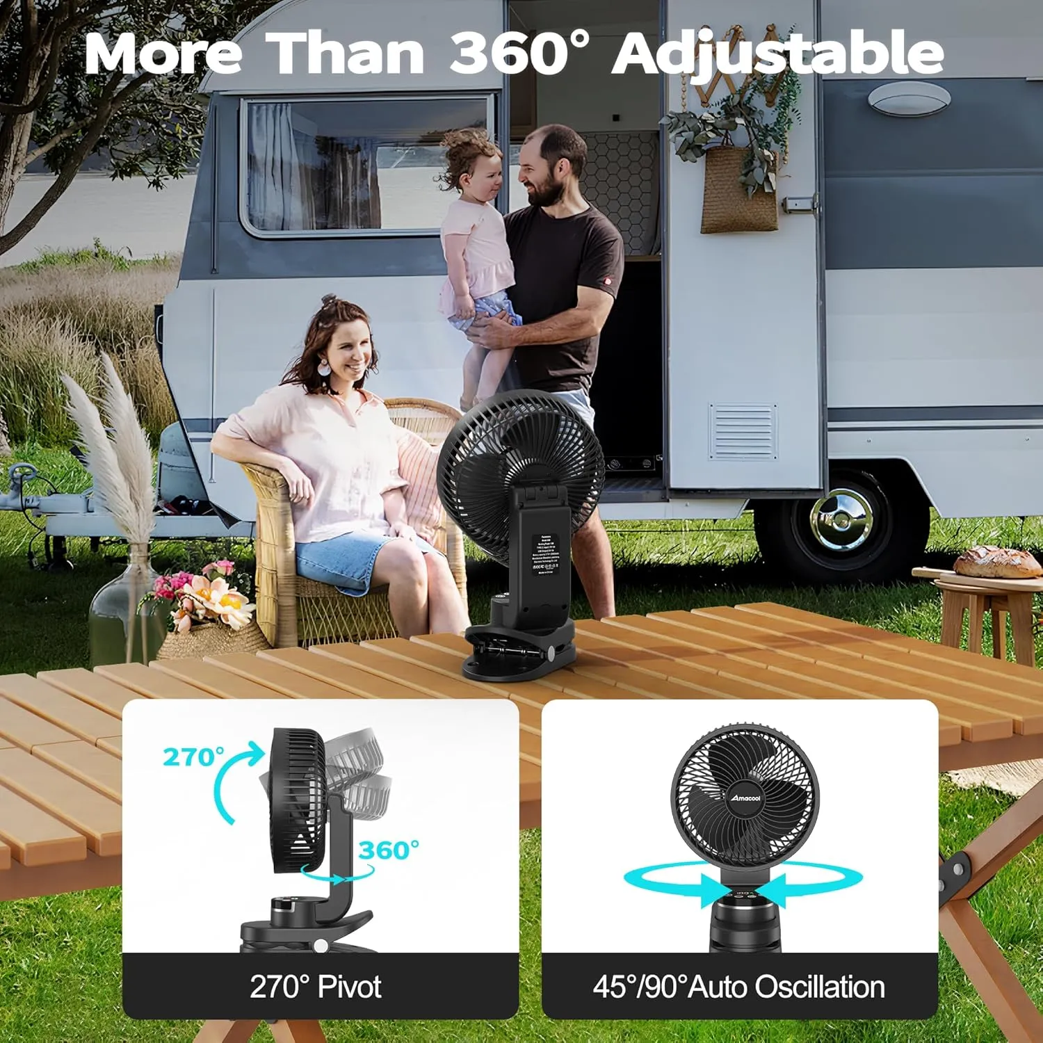 AMACOOL Battery Operated Camping Fan with Light, 20000mAh Rechargeable Clip on Fan with Hook & Digital Display, 112Hrs Running, 9 Speed, 360 Rotation Portable Small Fans for Tent Camping RV Travel