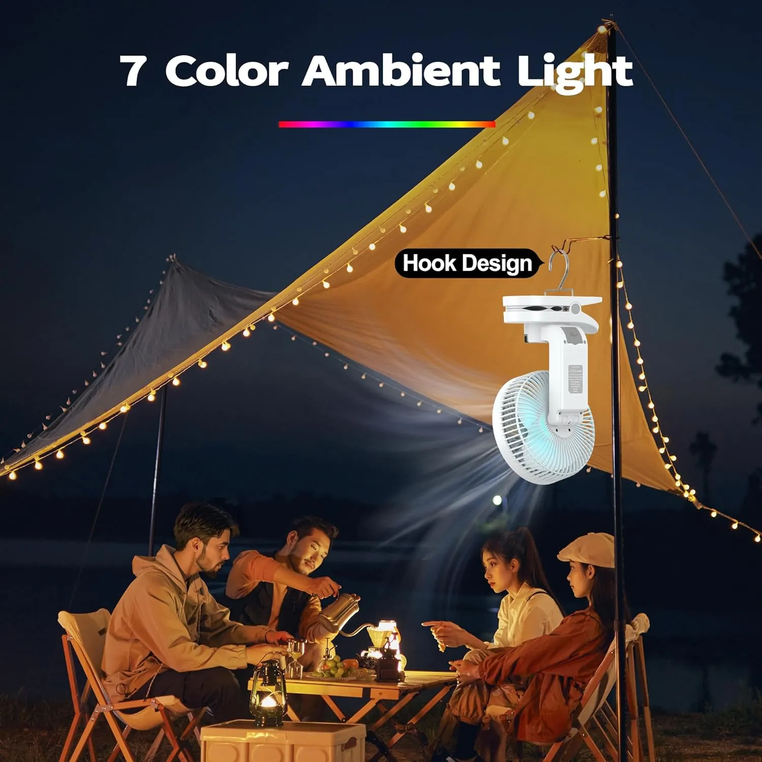 AMACOOL Battery Operated Camping Fan with Light, 20000mAh Rechargeable Clip on Fan with Hook & Digital Display, 112Hrs Running, 9 Speed, 360 Rotation Portable Small Fans for Tent Camping RV Travel