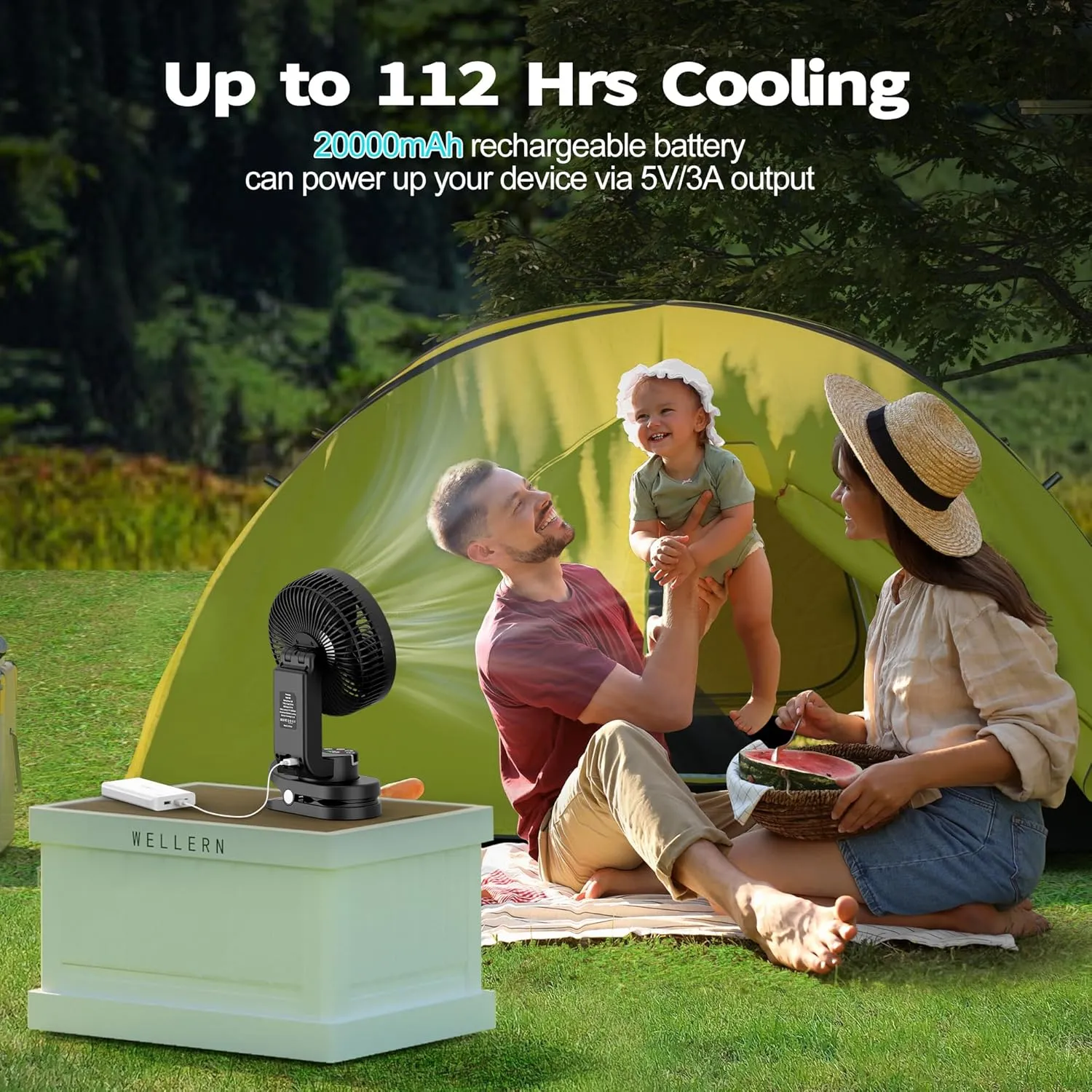 AMACOOL Battery Operated Camping Fan with Light, 20000mAh Rechargeable Clip on Fan with Hook & Digital Display, 112Hrs Running, 9 Speed, 360 Rotation Portable Small Fans for Tent Camping RV Travel