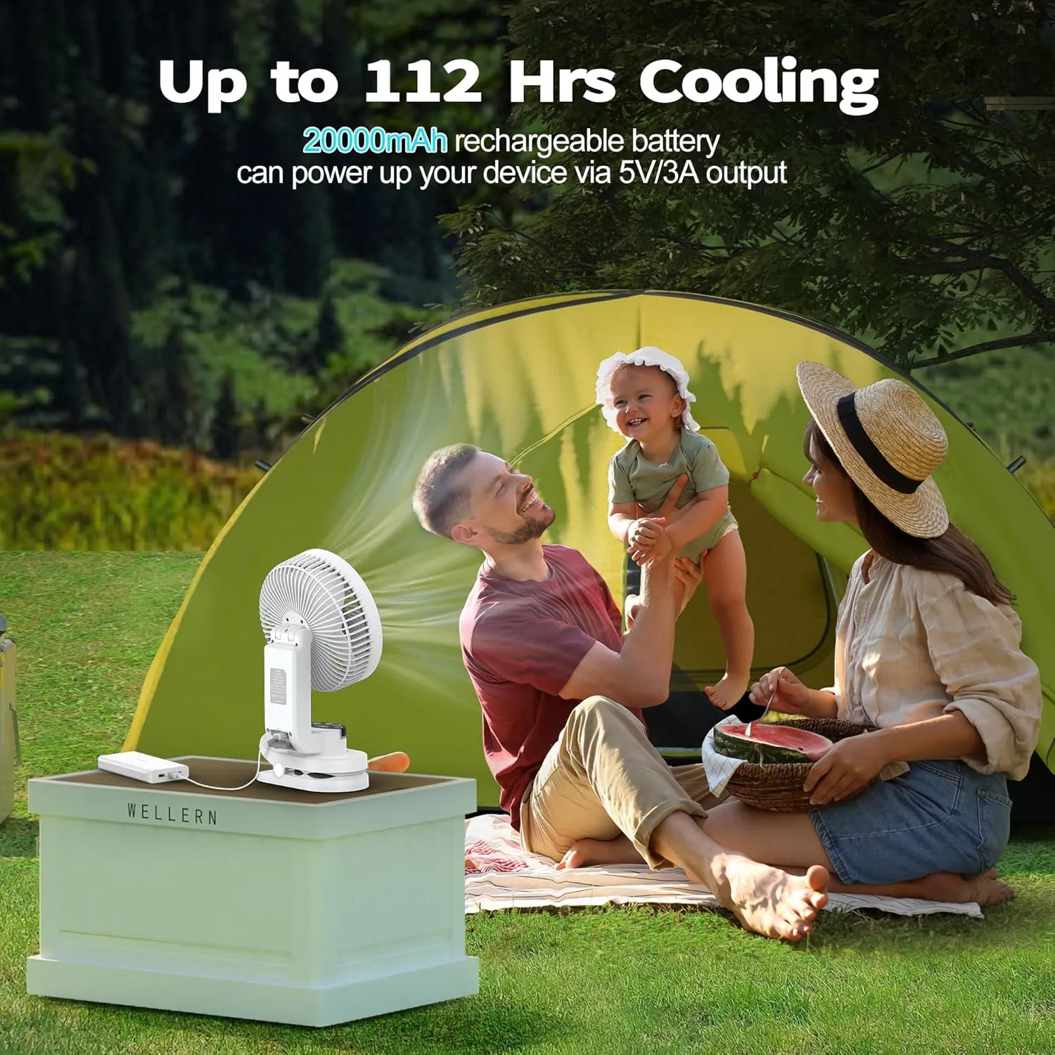 AMACOOL Battery Operated Camping Fan with Light, 20000mAh Rechargeable Clip on Fan with Hook & Digital Display, 112Hrs Running, 9 Speed, 360 Rotation Portable Small Fans for Tent Camping RV Travel