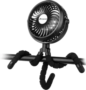AMACOOL Battery Operated Stroller Fan Flexible Tripod Clip On Fan with 3 Speeds and Rotatable Handheld Personal Fans for Car Seat Crib Bike Treadmill (Black) Waist-mounted portable fan for outdoor use
