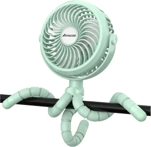 AMACOOL Battery Operated Stroller Fan Flexible Tripod Clip On Fan with 3 Speeds and Rotatable Handheld Personal Fans for Car Seat Crib Bike Treadmill (Green) Waist-mounted portable fan for outdoor use