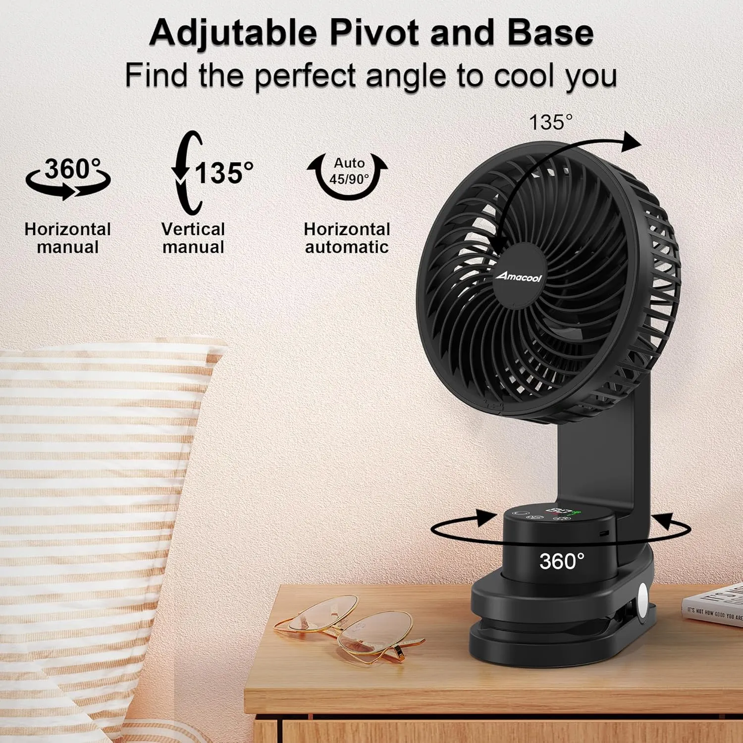 AMACOOL Desk Fan, Quiet Small Desktop Table Fans - 30Hrs Running, 270Tilt, 90Oscillating, Easy to Clean USB Fans, Smart Display Rechargeable Portable Fan for Home Office Bedroom Travel Camping