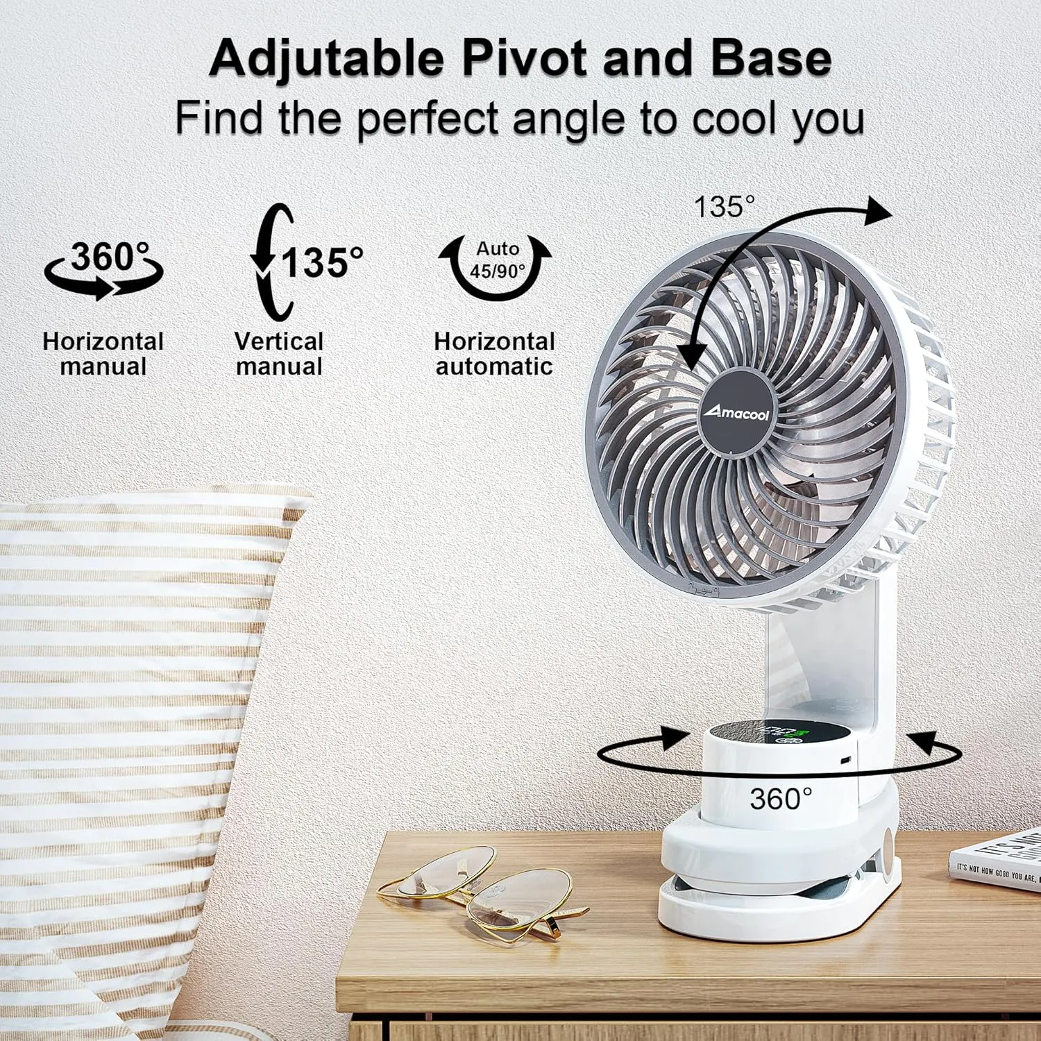 AMACOOL Desk Fan, Quiet Small Desktop Table Fans - 30Hrs Running, 270Tilt, 90Oscillating, Easy to Clean USB Fans, Smart Display Rechargeable Portable Fan for Home Office Bedroom Travel Camping