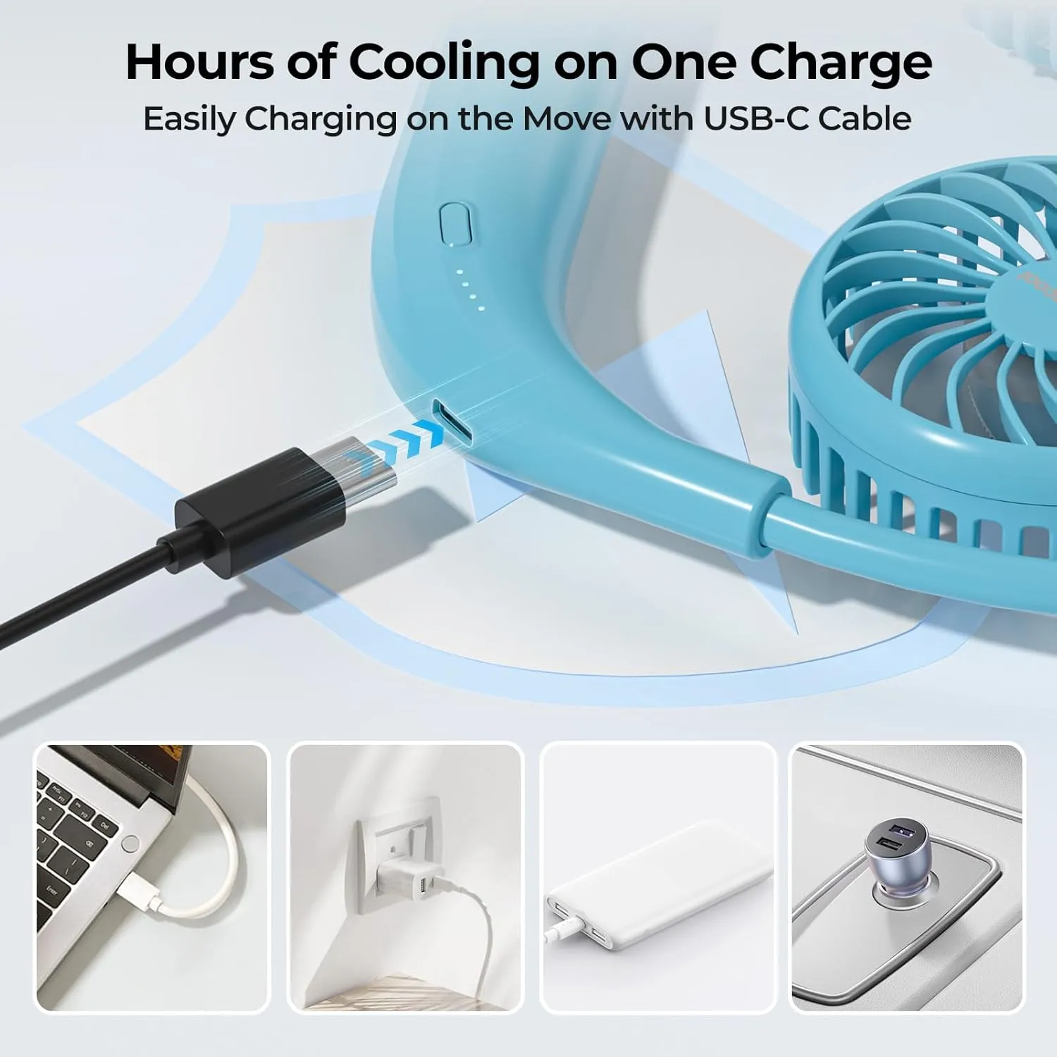 AMACOOL Neck Fan Battery Operated Neckband Fan Hand-Free Wearable Personal Fan for Hot Flashes Home Office Travel Outdoor Sports (Aqua Blue)
