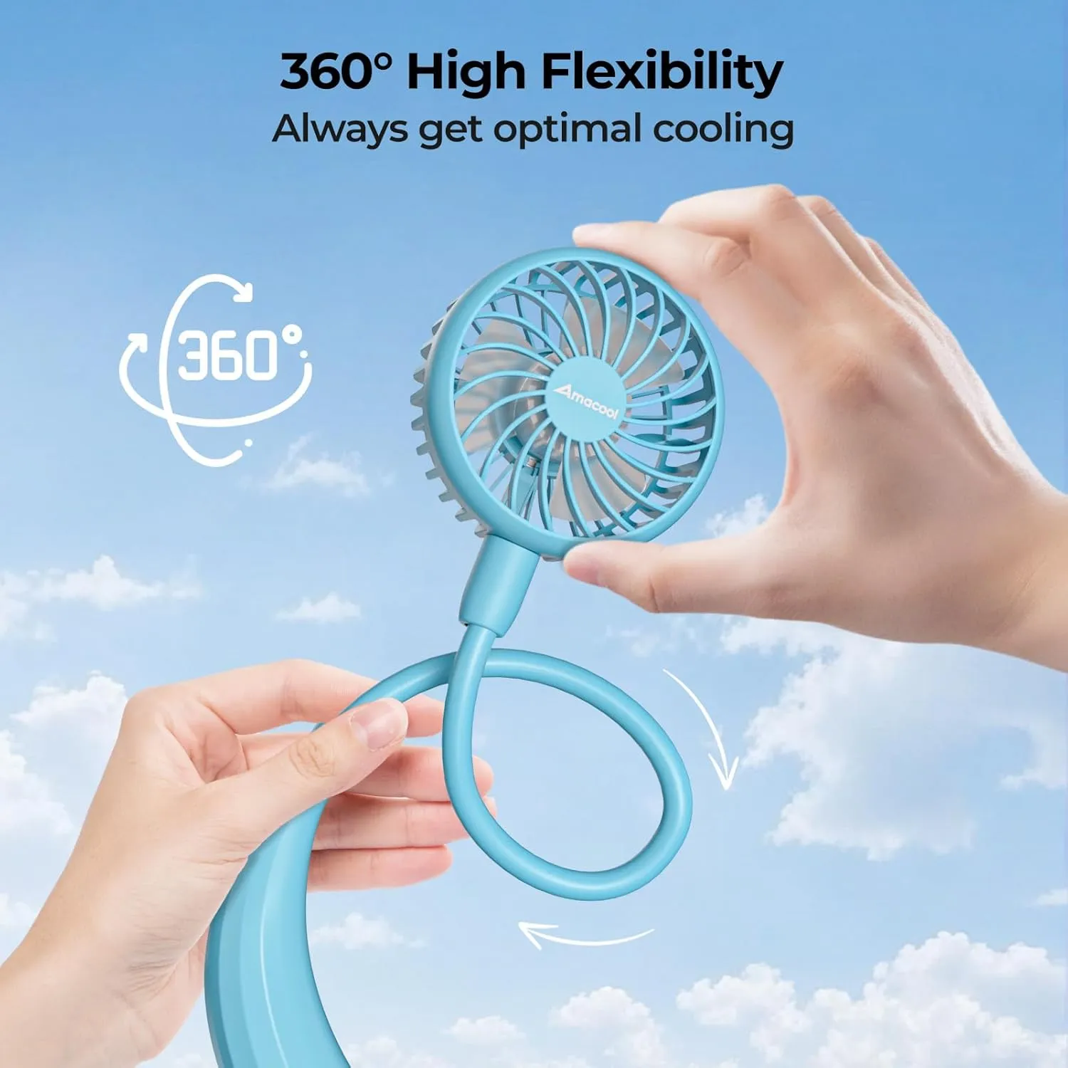 AMACOOL Neck Fan Battery Operated Neckband Fan Hand-Free Wearable Personal Fan for Hot Flashes Home Office Travel Outdoor Sports (Aqua Blue)
