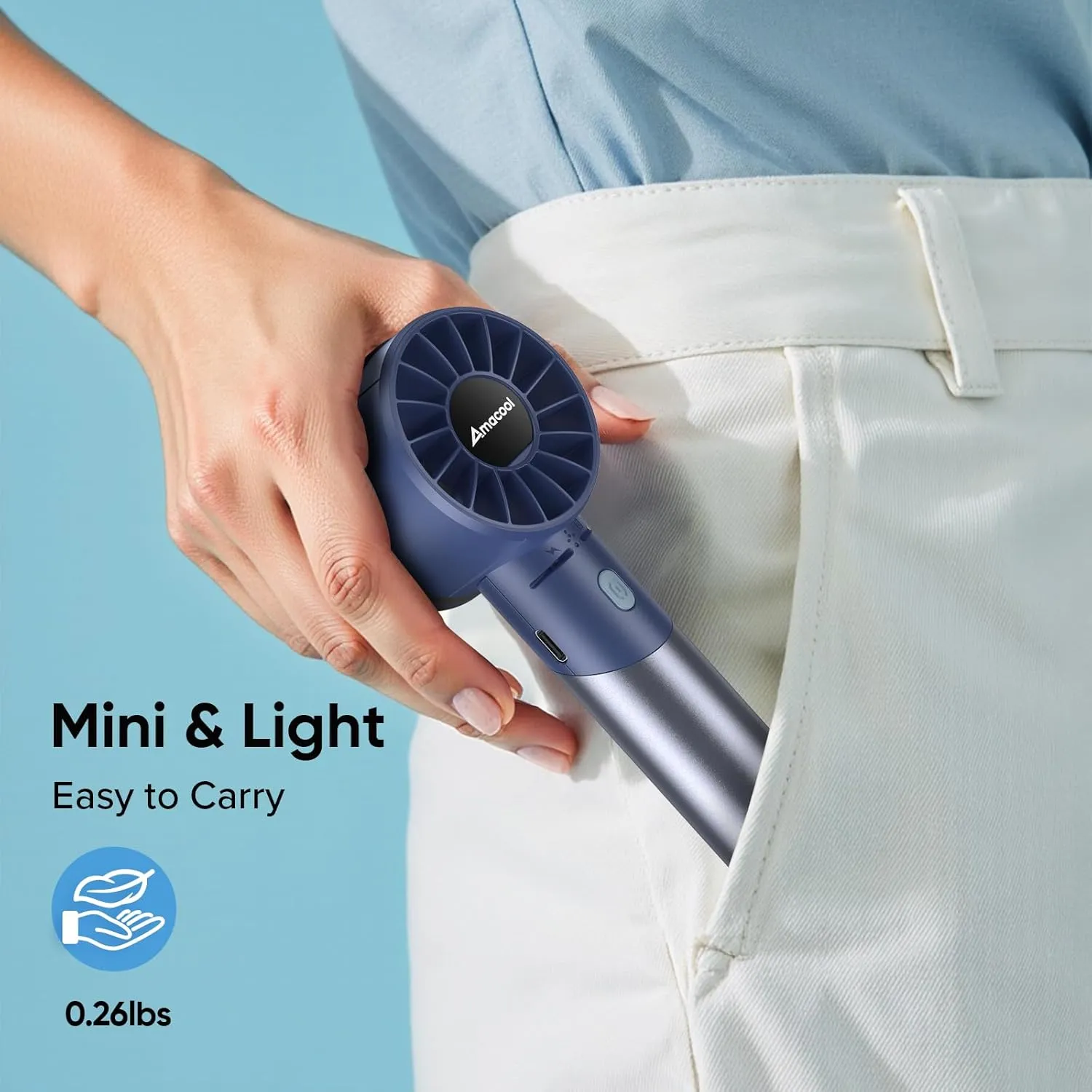 AMACOOL Portable Handheld Turbo Fan, 17Hrs Runtime, 4 Speeds Wind, Cool Metal Body, Rechargeable Battery Personal Fan, Mini Pocket Fans for Girl Woman Man Travel Makeup Camping Outdoor-Blue