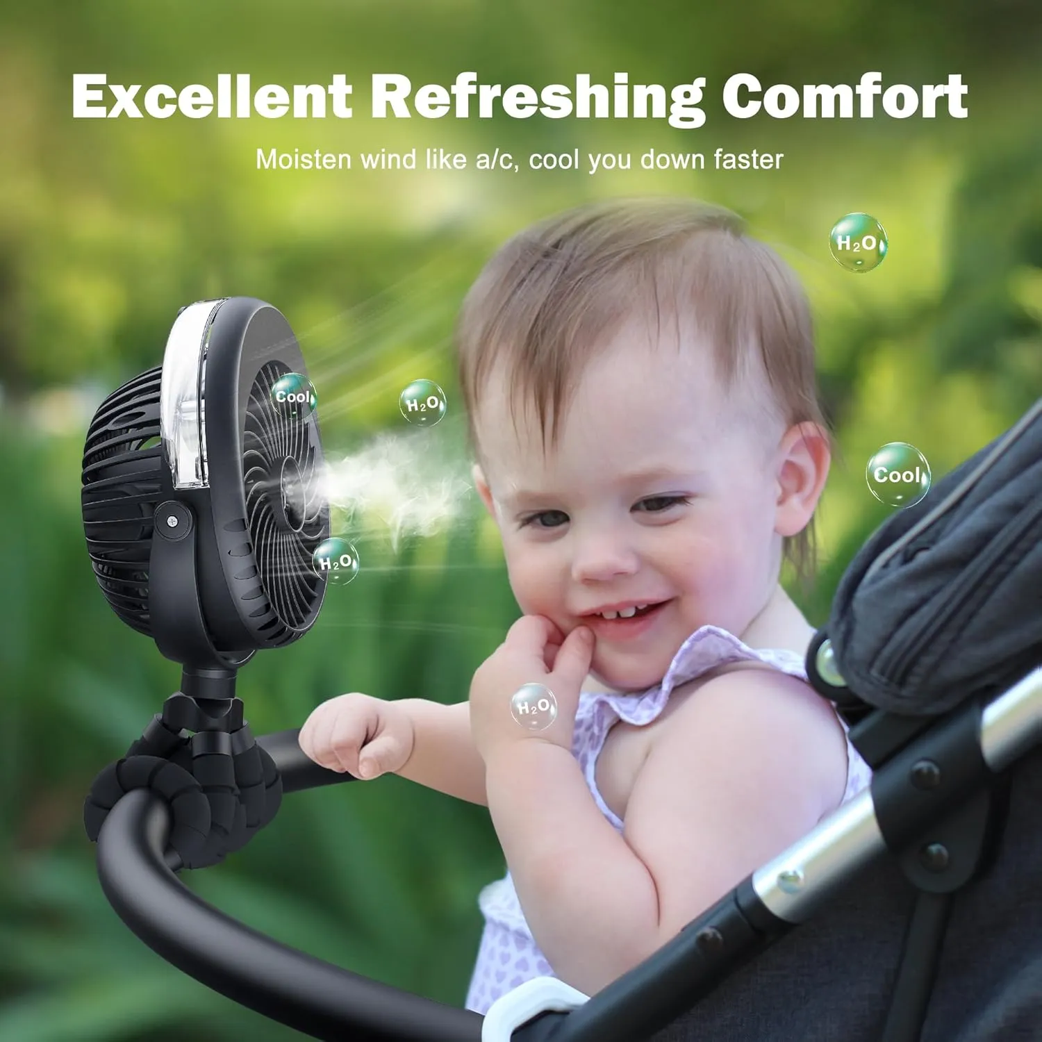 AMACOOL Portable Misting Stroller Fan, Rechargeable Mister Fan with Water Spray, 270Pivoting, Flexible Tripod Clip on Mist Cooling Fans for Disney Travel Beach Outdoor Car Seat Treadmill Golf Cart