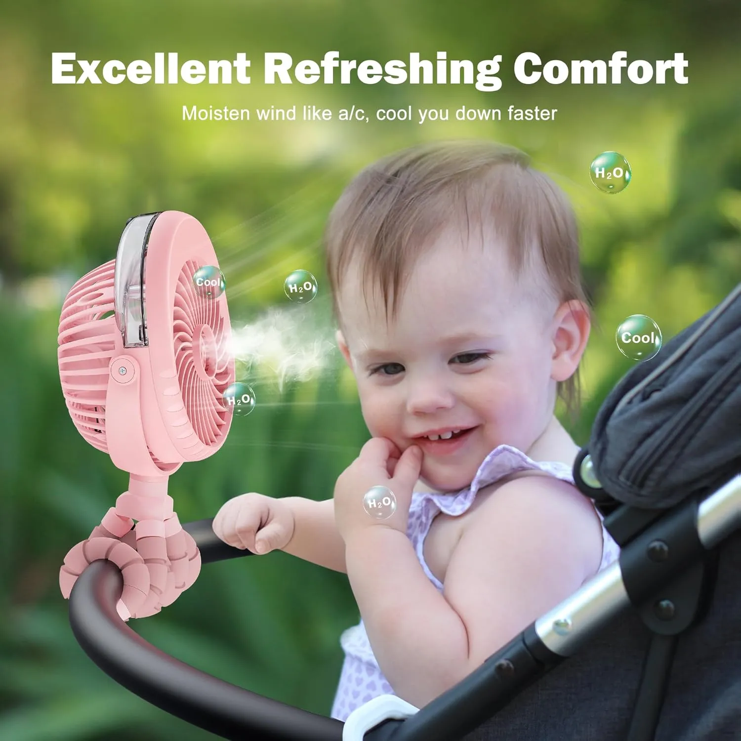 AMACOOL Portable Misting Stroller Fan, Rechargeable Mister Fan with Water Spray, 270Pivoting, Flexible Tripod Clip on Mist Cooling Fans for Disney Travel Beach Outdoor Car Seat Treadmill Golf Cart