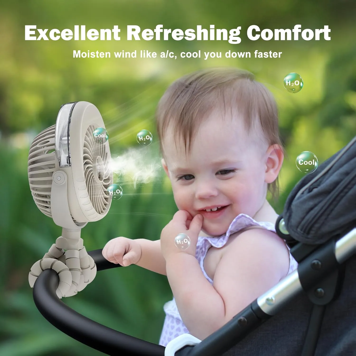 AMACOOL Portable Misting Stroller Fan, Rechargeable Mister Fan with Water Spray, 270Pivoting, Flexible Tripod Clip on Mist Cooling Fans for Disney Travel Beach Outdoor Car Seat Treadmill Golf Cart