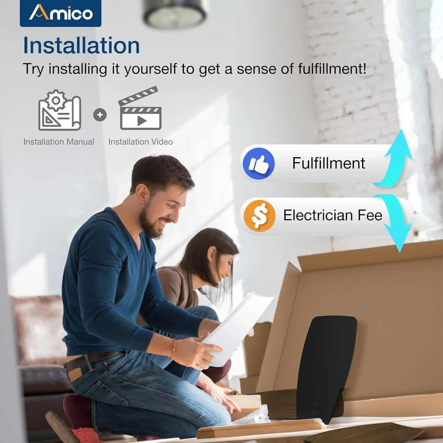 Amico Ceiling Fans with Lights, 36 inch Black Ceiling Fan with Light and Remote Control, Reversible, 3CCT, Dimmable, Noiseless, Small Ceiling Fan for Bedroom, Farmhouse, Indoor/Outdoor Use