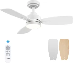 Amico Ceiling Fans with Lights, 36 inch Ceiling Fan with Light and Remote Control, Reversible, 3CCT, Dimmable, Noiseless, Small White Ceiling Fan for Bedroom, Indoor/Outdoor Use Fan with safety blade design