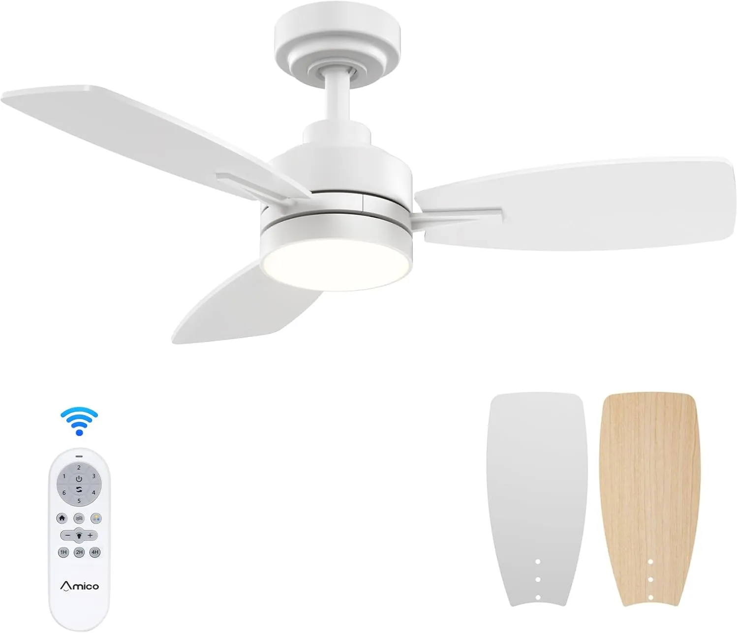 Amico Ceiling Fans with Lights, 36 inch Ceiling Fan with Light and Remote Control, Reversible, 3CCT, Dimmable, Noiseless, Small White Ceiling Fan for Bedroom, Indoor/Outdoor Use Fan with safety blade design