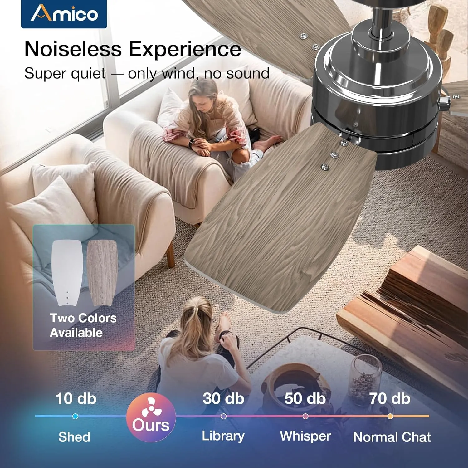 Amico Ceiling Fans with Lights, 36 inch Nickel Ceiling Fan with Light and Remote Control, Reversible, 3CCT, Dimmable, Noiseless, Small Ceiling Fan for Bedroom, Farmhouse, Indoor/Outdoor Use