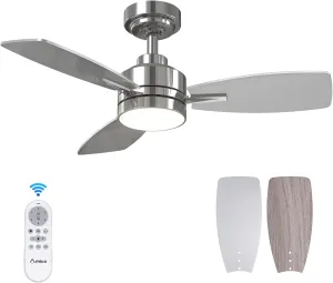 Amico Ceiling Fans with Lights, 36 inch Nickel Ceiling Fan with Light and Remote Control, Reversible, 3CCT, Dimmable, Noiseless, Small Ceiling Fan for Bedroom, Farmhouse, Indoor/Outdoor Use Fan with safety blade design