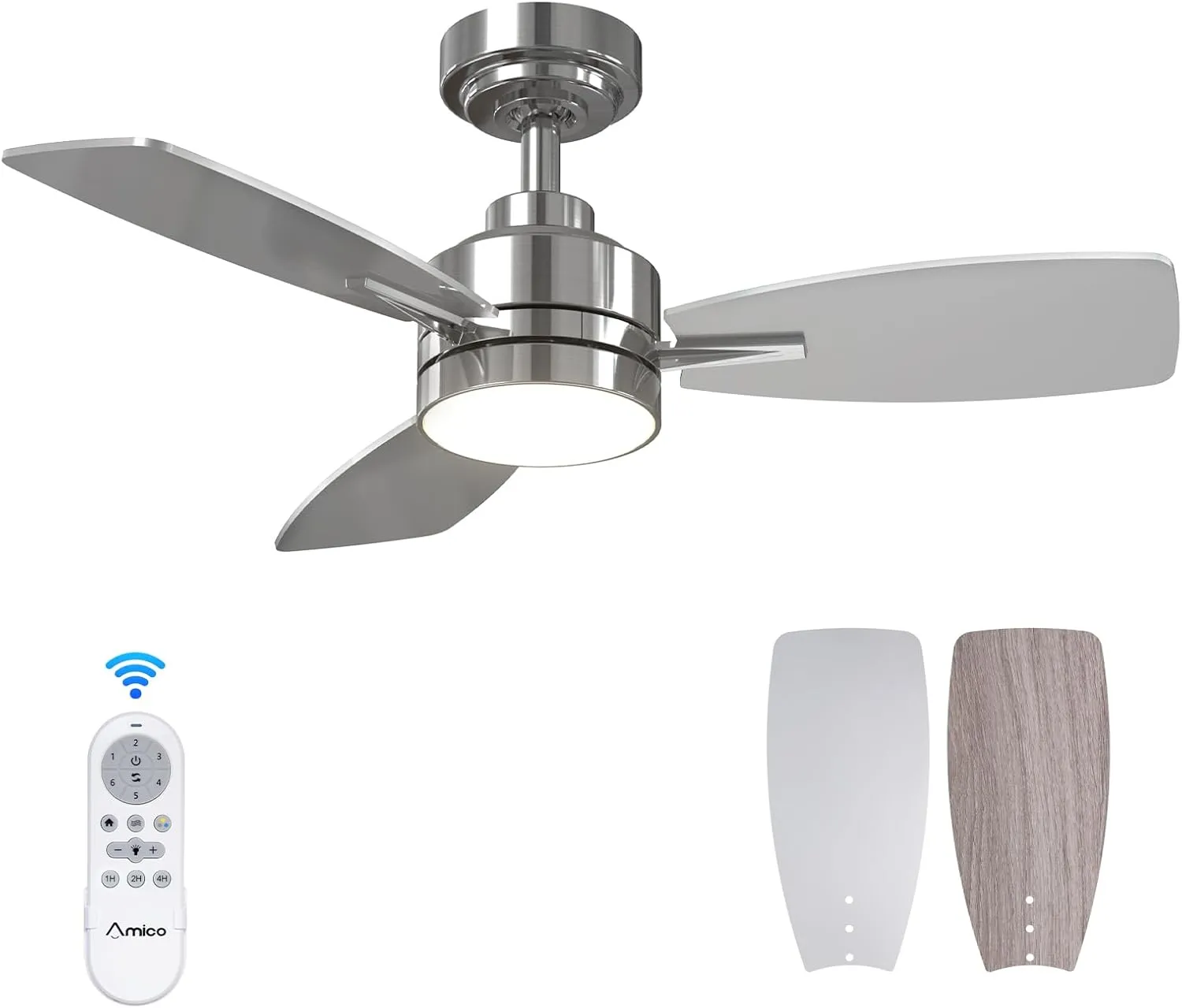 Amico Ceiling Fans with Lights, 36 inch Nickel Ceiling Fan with Light and Remote Control, Reversible, 3CCT, Dimmable, Noiseless, Small Ceiling Fan for Bedroom, Farmhouse, Indoor/Outdoor Use Fan with safety blade design