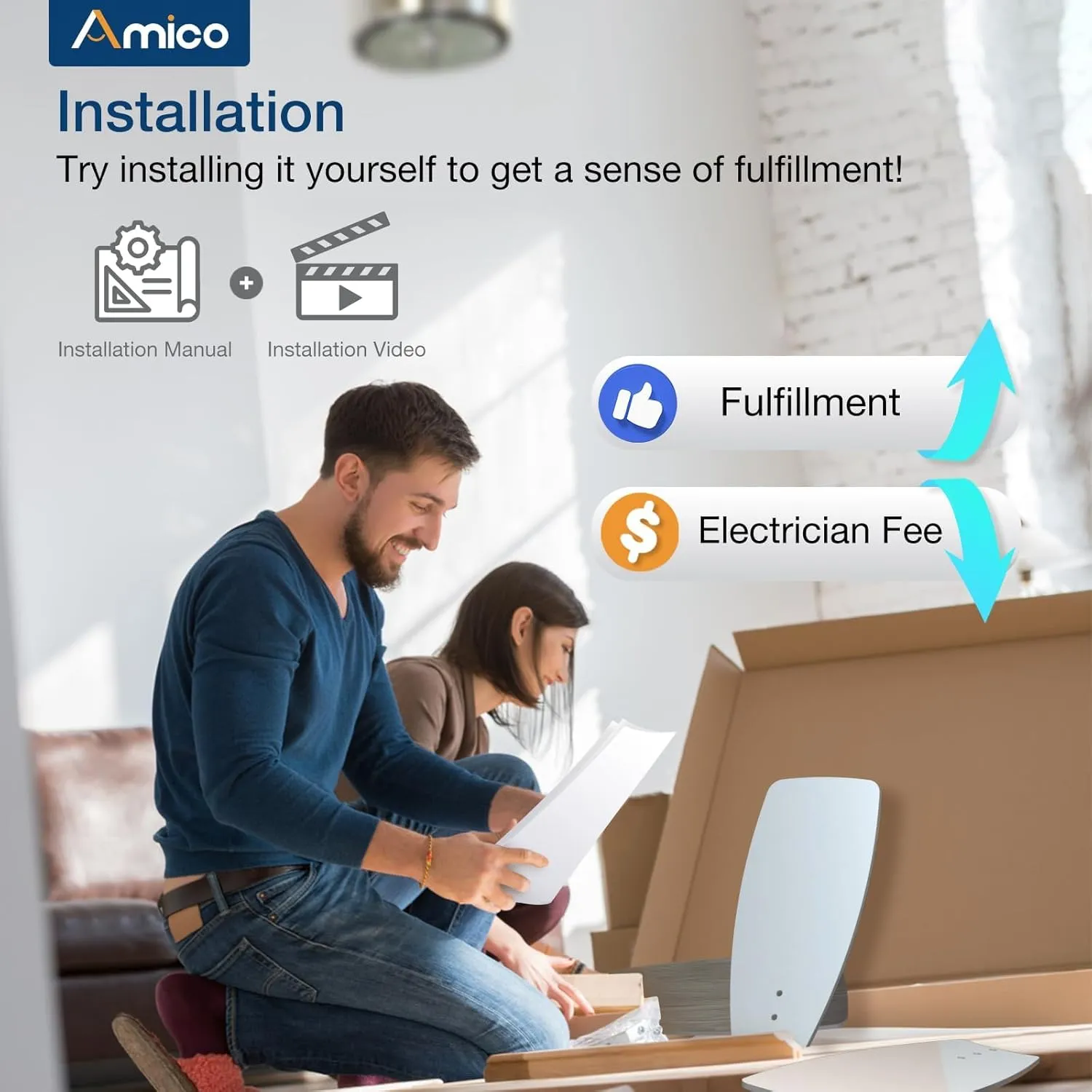 Amico Ceiling Fans with Lights, 36 inch Nickel Ceiling Fan with Light and Remote Control, Reversible, 3CCT, Dimmable, Noiseless, Small Ceiling Fan for Bedroom, Farmhouse, Indoor/Outdoor Use