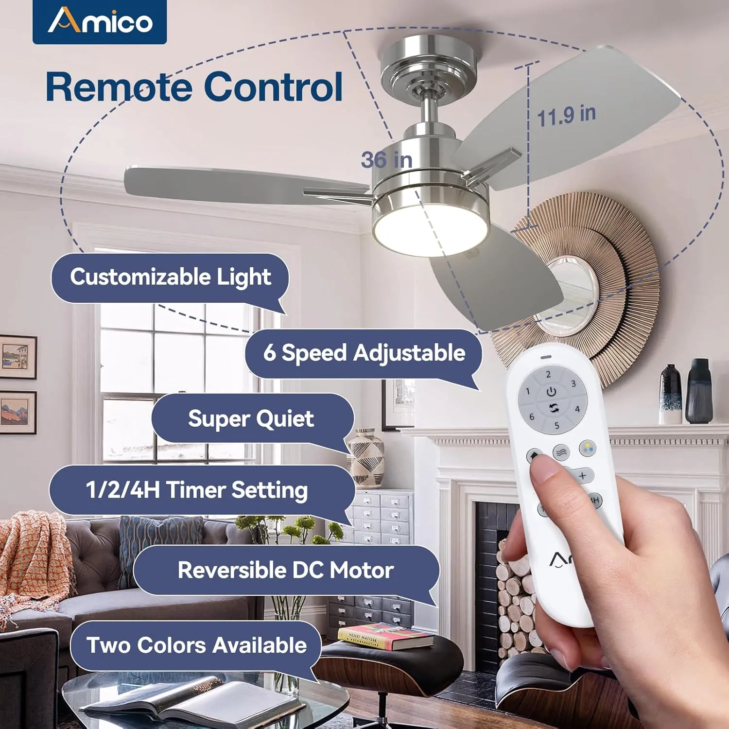 Amico Ceiling Fans with Lights, 36 inch Nickel Ceiling Fan with Light and Remote Control, Reversible, 3CCT, Dimmable, Noiseless, Small Ceiling Fan for Bedroom, Farmhouse, Indoor/Outdoor Use