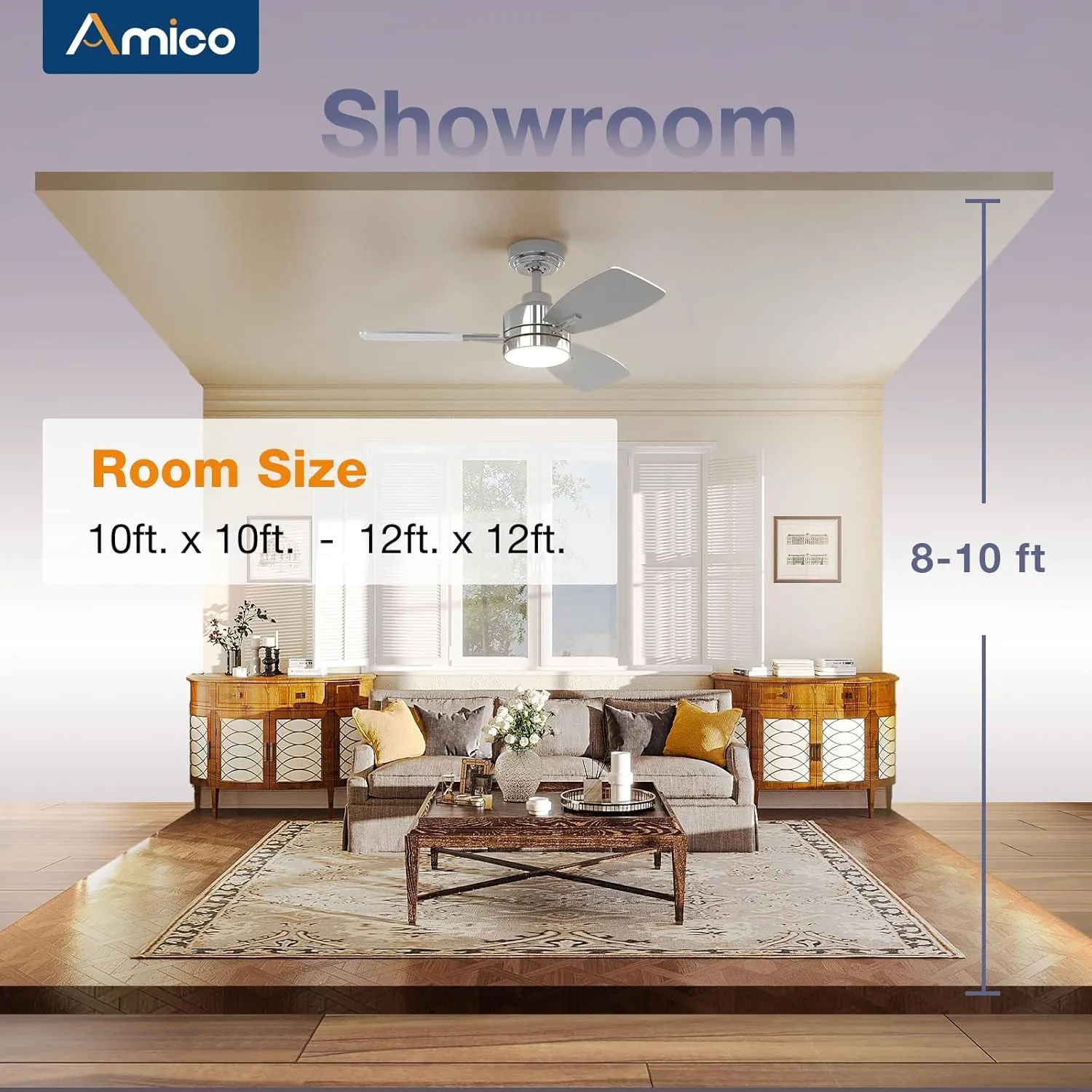 Amico Ceiling Fans with Lights, 36 inch Nickel Ceiling Fan with Light and Remote Control, Reversible, 3CCT, Dimmable, Noiseless, Small Ceiling Fan for Bedroom, Farmhouse, Indoor/Outdoor Use