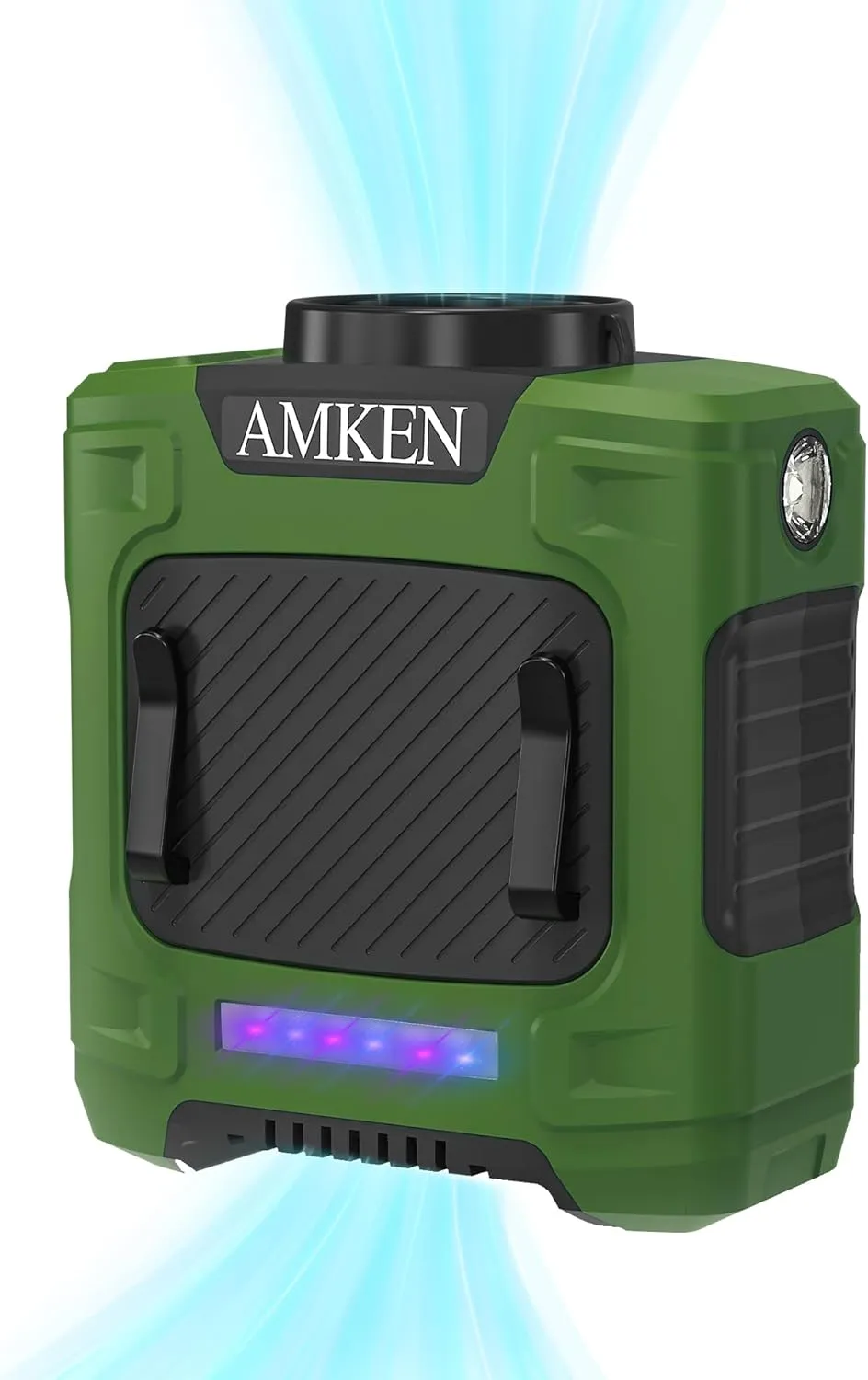 AMKEN Waist Fan - 3-Speed Clip-On Belt Fan, 16000RPM Strong Airflow, 24H Rechargeable Battery (10000mAh), LED SOS & Red-blue Light - Portable Cooling for Jobsite, Camping, Fishing, Outdoor Waist-mounted portable fan for outdoor use