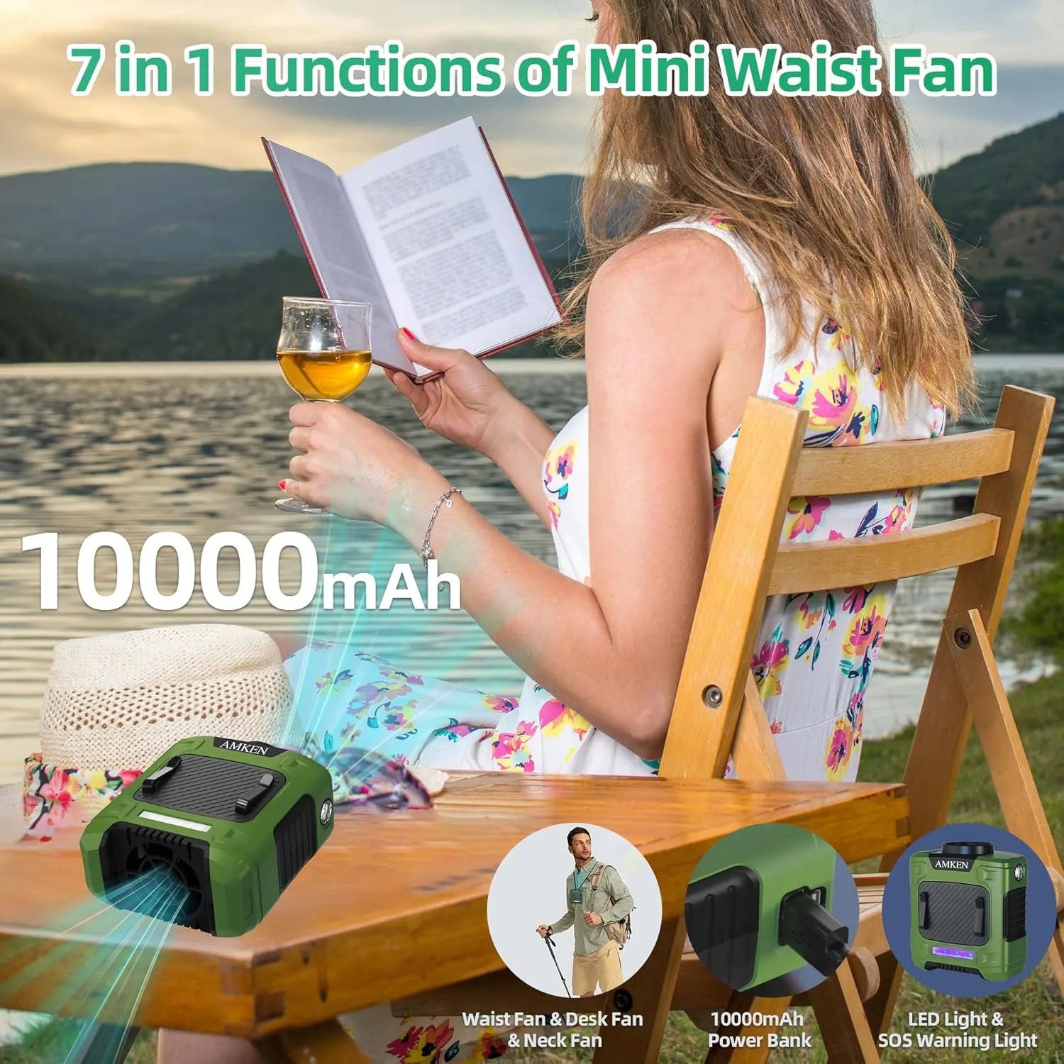 AMKEN Waist Fan - 3-Speed Clip-On Belt Fan, 16000RPM Strong Airflow, 24H Rechargeable Battery (10000mAh), LED SOS & Red-blue Light - Portable Cooling for Jobsite, Camping, Fishing, Outdoor