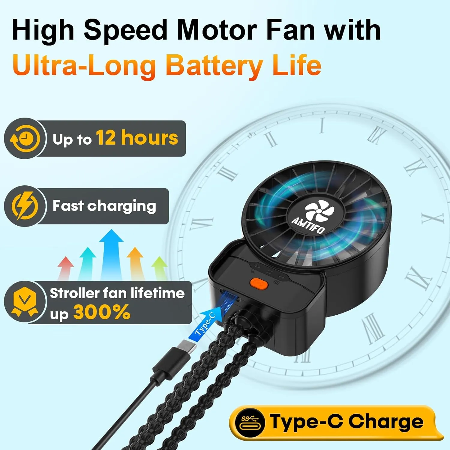 AMTIFO 2-Pack Stroller Fan for Baby: USB Rechargeable, Quiet, Adjustable & Portable - Ideal for Stroller, Crib, Car, Baby Gear - Up to 12 Hours Battery Life, Perfect for Hot Weather