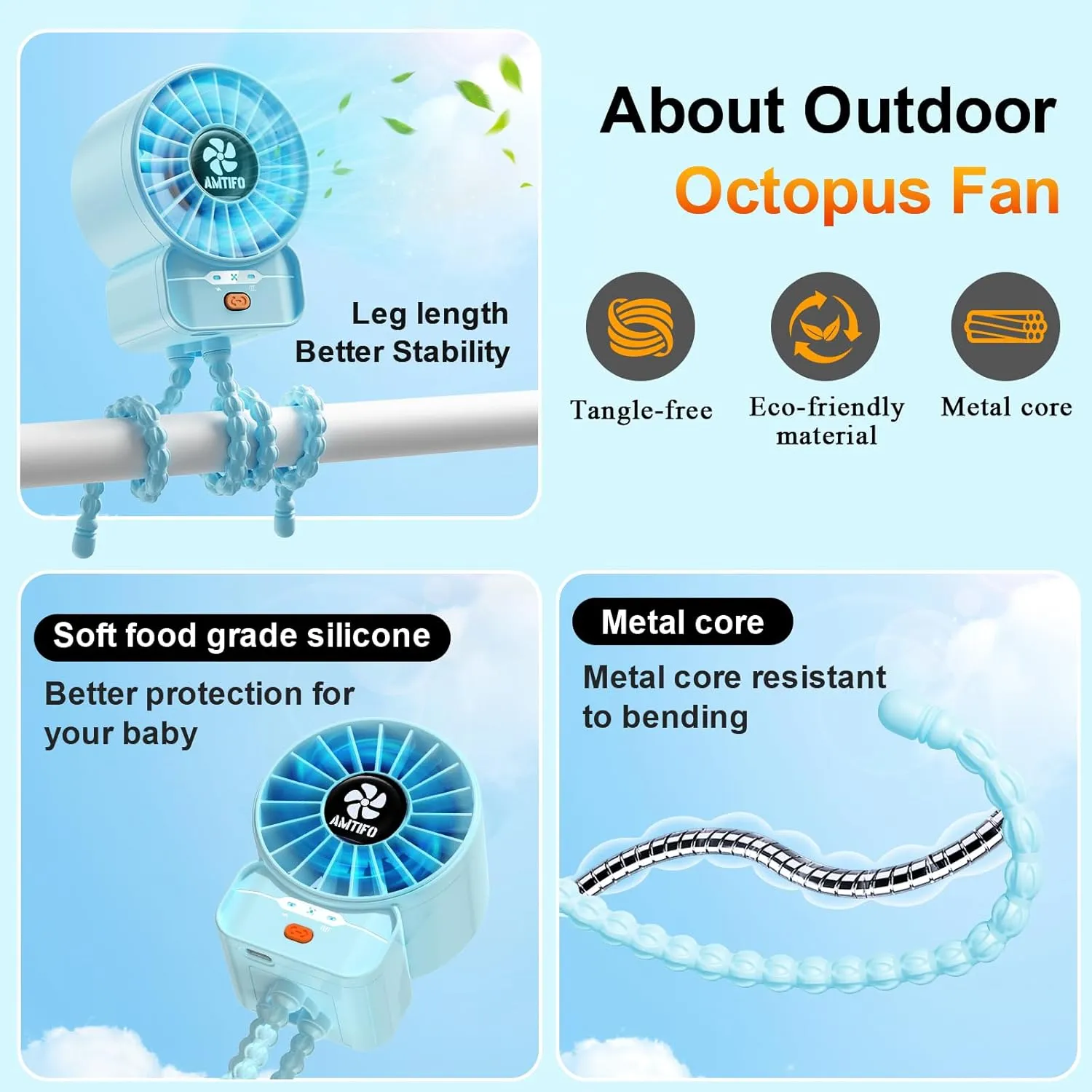 AMTIFO Blue Baby Fan - USB Rechargeable, Quiet, Adjustable Speed, Portable Cooling Fan for Baby Stroller, Car Seats, Nurseries, and Outdoor Activities - Long Battery Life, Turbo Airflow