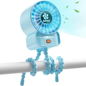 AMTIFO Blue Baby Fan - USB Rechargeable, Quiet, Adjustable Speed, Portable Cooling Fan for Baby Stroller, Car Seats, Nurseries, and Outdoor Activities - Long Battery Life, Turbo Airflow Rear-mounted fan for childrens safety