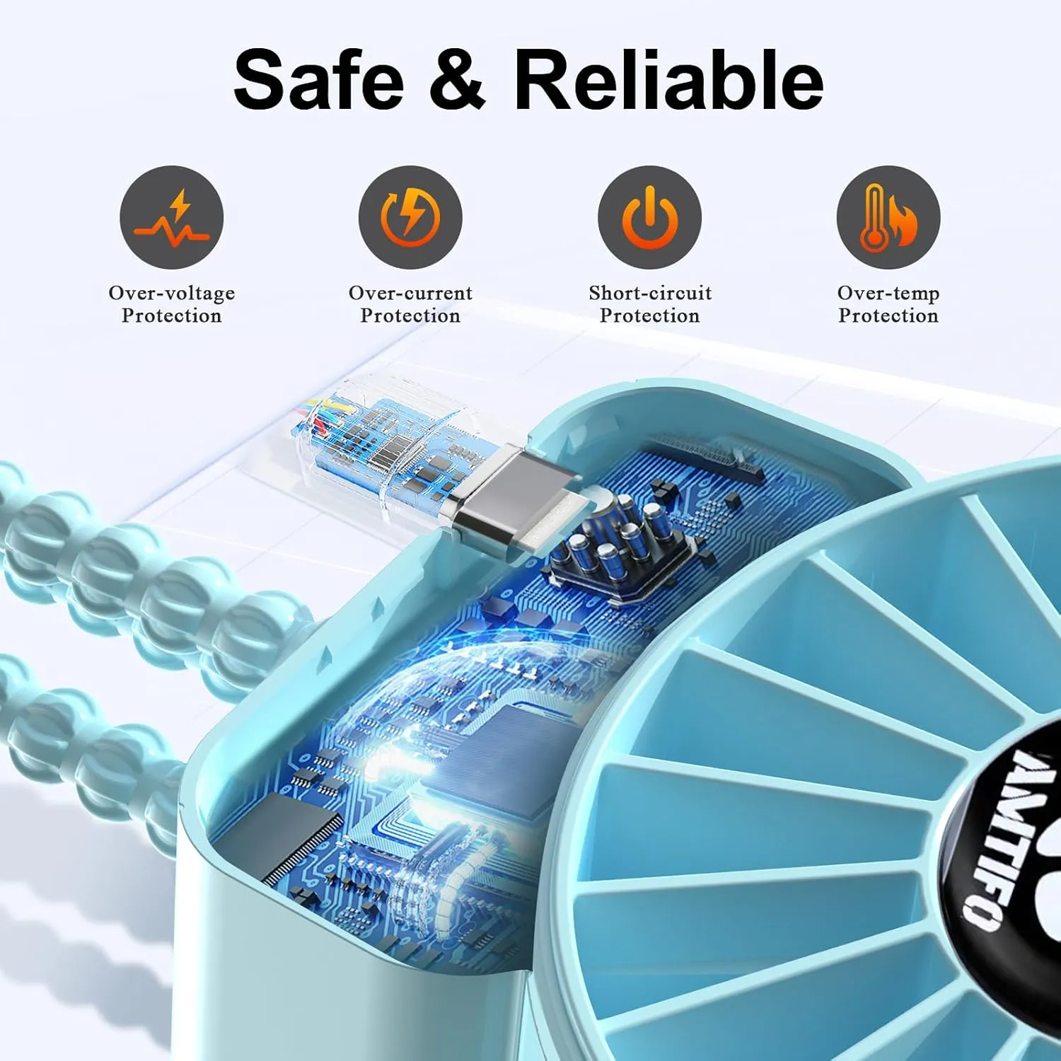 AMTIFO Blue Baby Fan - USB Rechargeable, Quiet, Adjustable Speed, Portable Cooling Fan for Baby Stroller, Car Seats, Nurseries, and Outdoor Activities - Long Battery Life, Turbo Airflow