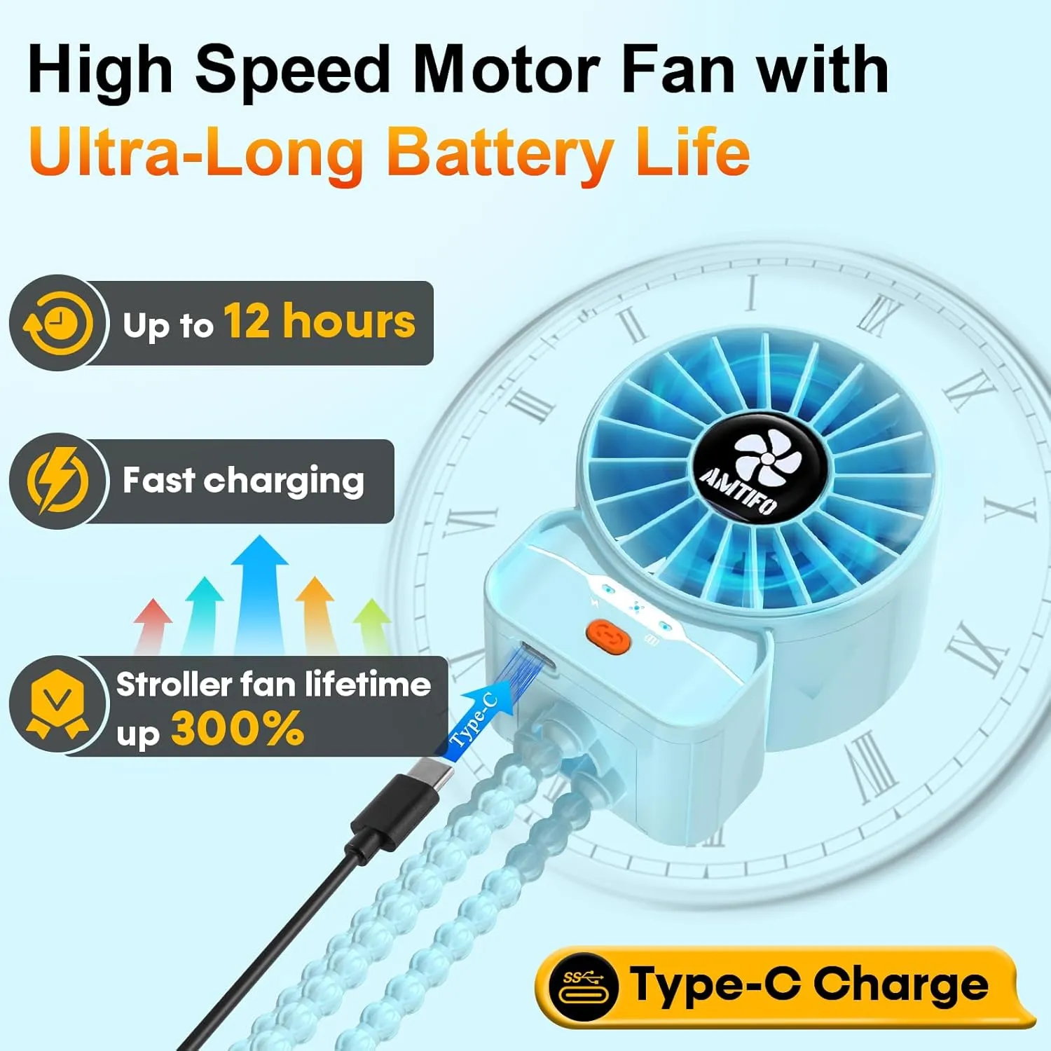 AMTIFO Blue Baby Fan - USB Rechargeable, Quiet, Adjustable Speed, Portable Cooling Fan for Baby Stroller, Car Seats, Nurseries, and Outdoor Activities - Long Battery Life, Turbo Airflow