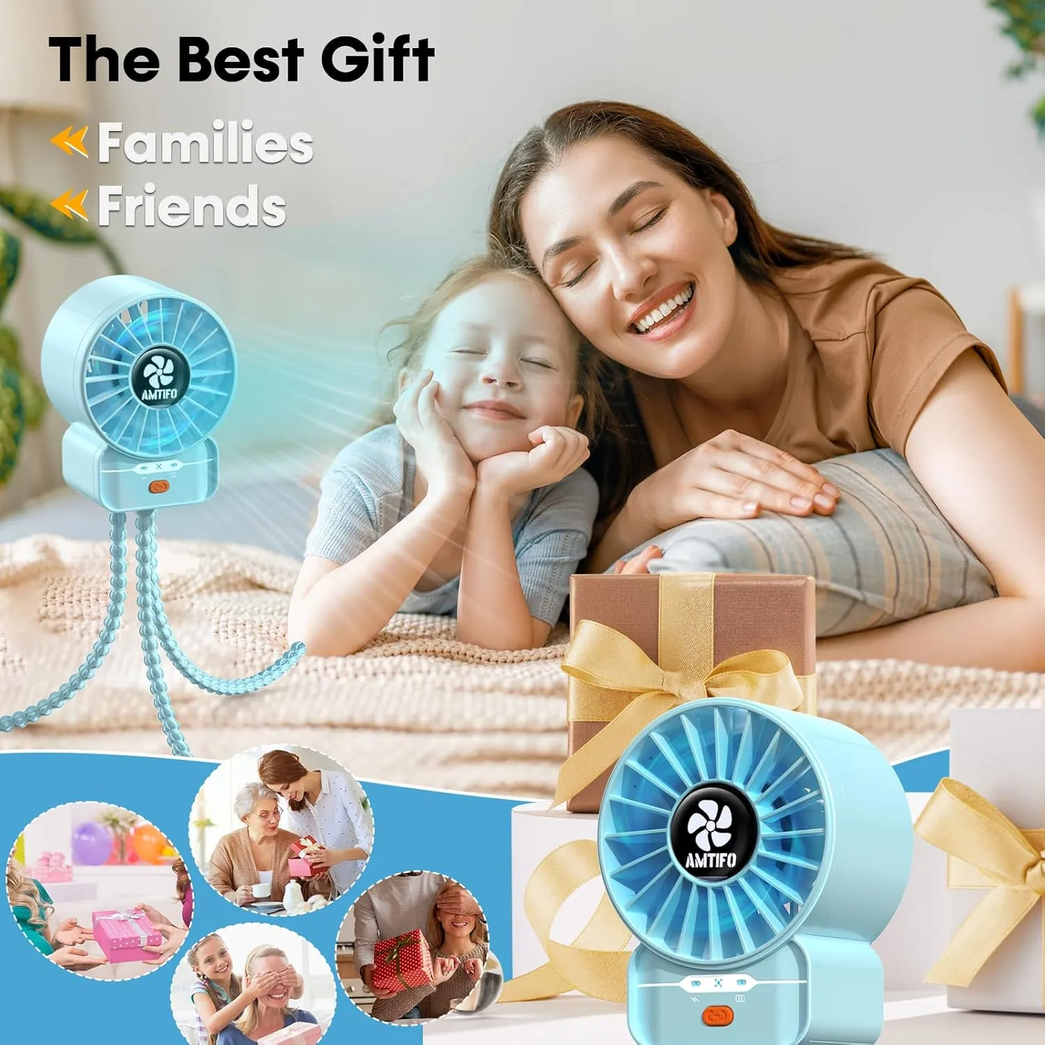 AMTIFO Blue Baby Fan - USB Rechargeable, Quiet, Adjustable Speed, Portable Cooling Fan for Baby Stroller, Car Seats, Nurseries, and Outdoor Activities - Long Battery Life, Turbo Airflow