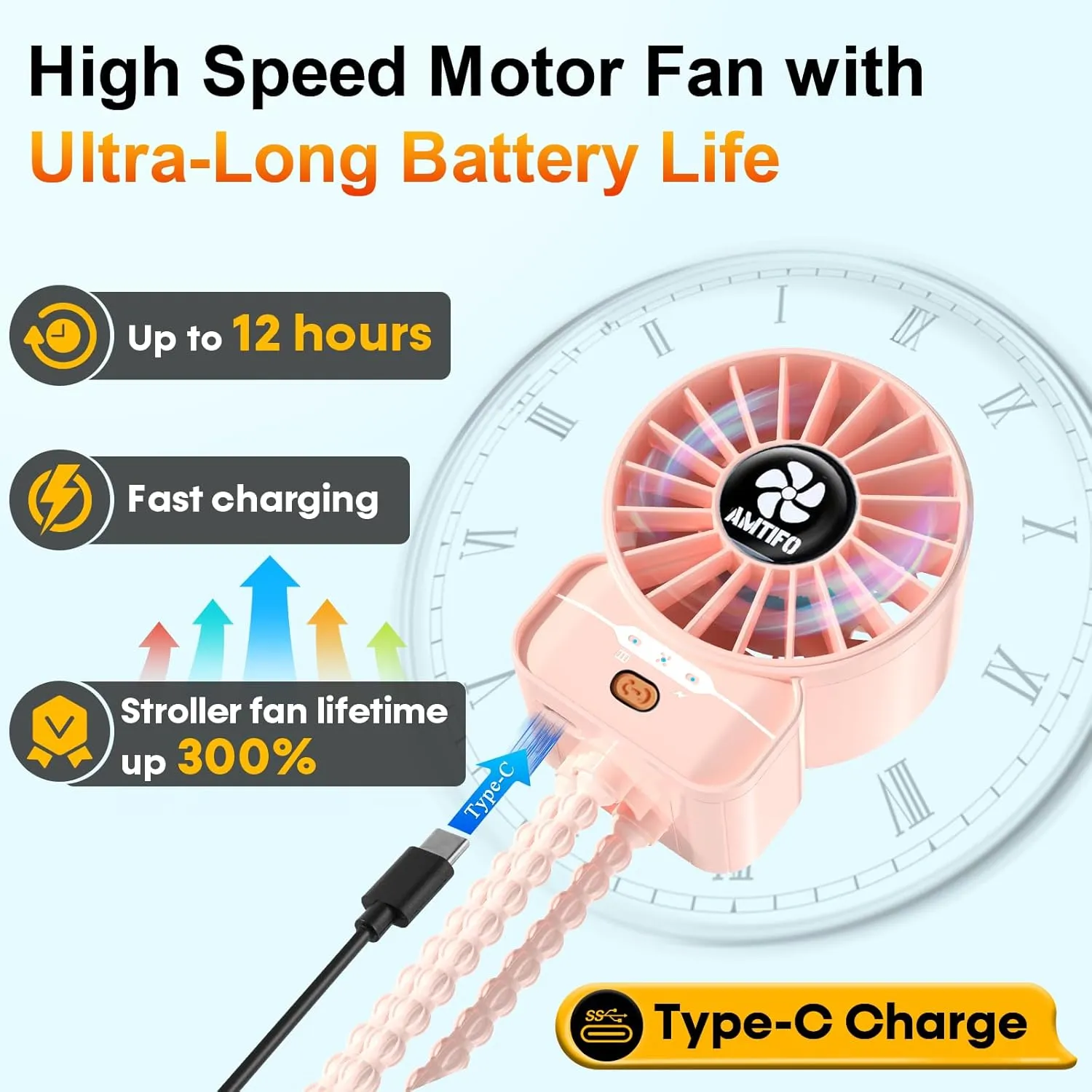 AMTIFO Pink Stroller Fan - USB Rechargeable, Quiet Cooling, 4 Adjustable Speeds, Portable Baby Fan for Strollers, Car Seats, Nurseries, Outdoor Use, Long-Lasting Battery