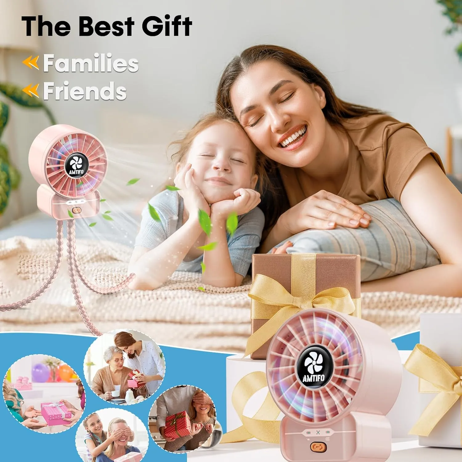 AMTIFO Pink Stroller Fan - USB Rechargeable, Quiet Cooling, 4 Adjustable Speeds, Portable Baby Fan for Strollers, Car Seats, Nurseries, Outdoor Use, Long-Lasting Battery