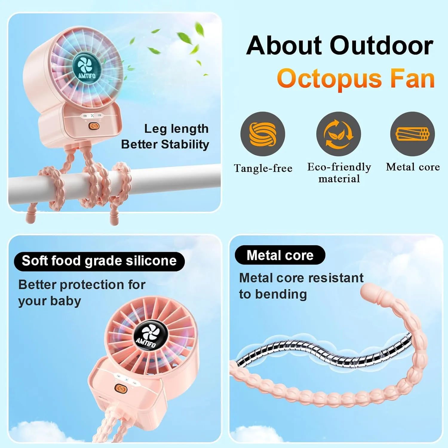 AMTIFO Pink Stroller Fan - USB Rechargeable, Quiet Cooling, 4 Adjustable Speeds, Portable Baby Fan for Strollers, Car Seats, Nurseries, Outdoor Use, Long-Lasting Battery