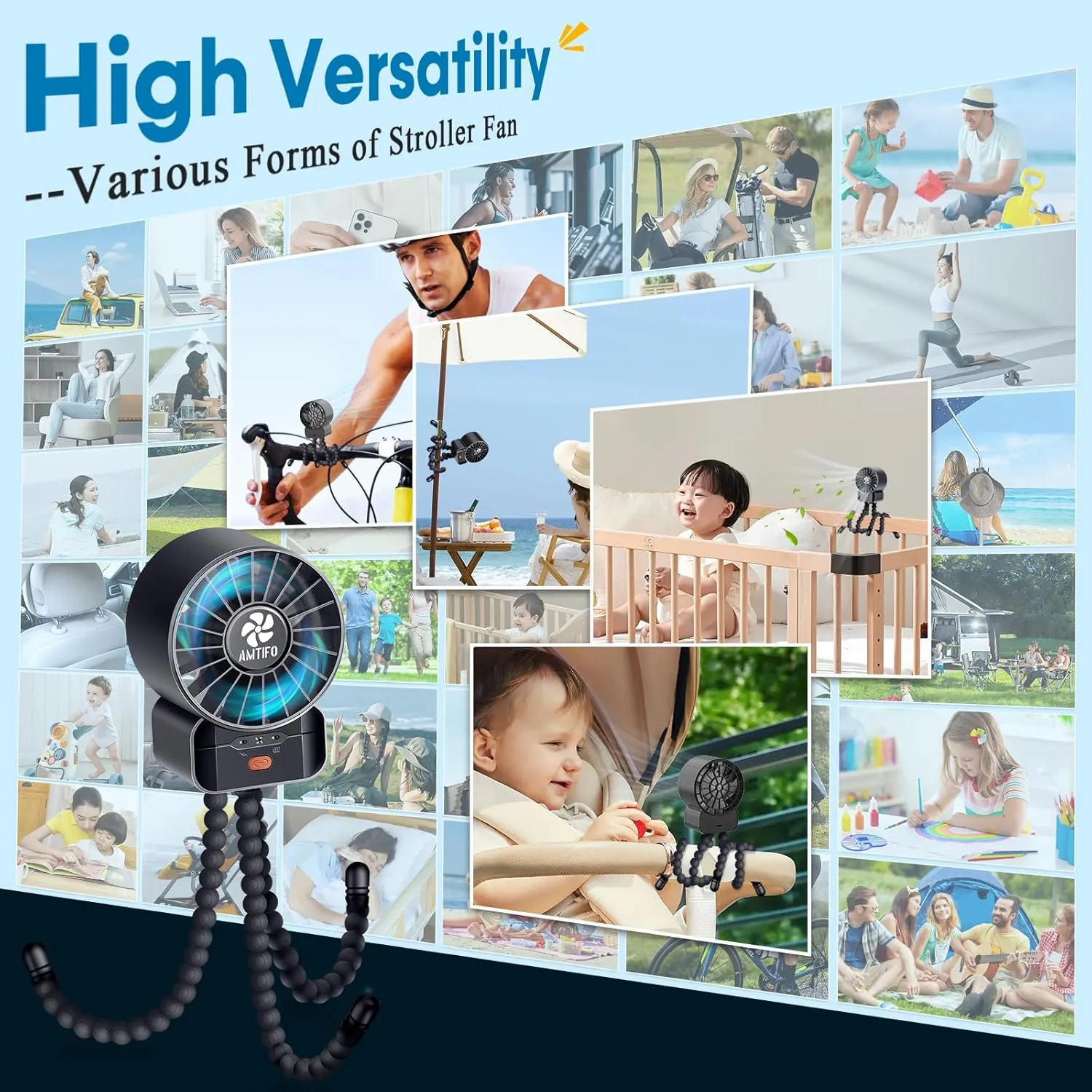 AMTIFO Portable Stroller Fan - 4-Speed Rechargeable USB Fan, Quiet Clip-on Baby Fans for Stroller Crib and Travel - Compact & Battery-Operated Cooling Fans for Baby Comfort on the Go