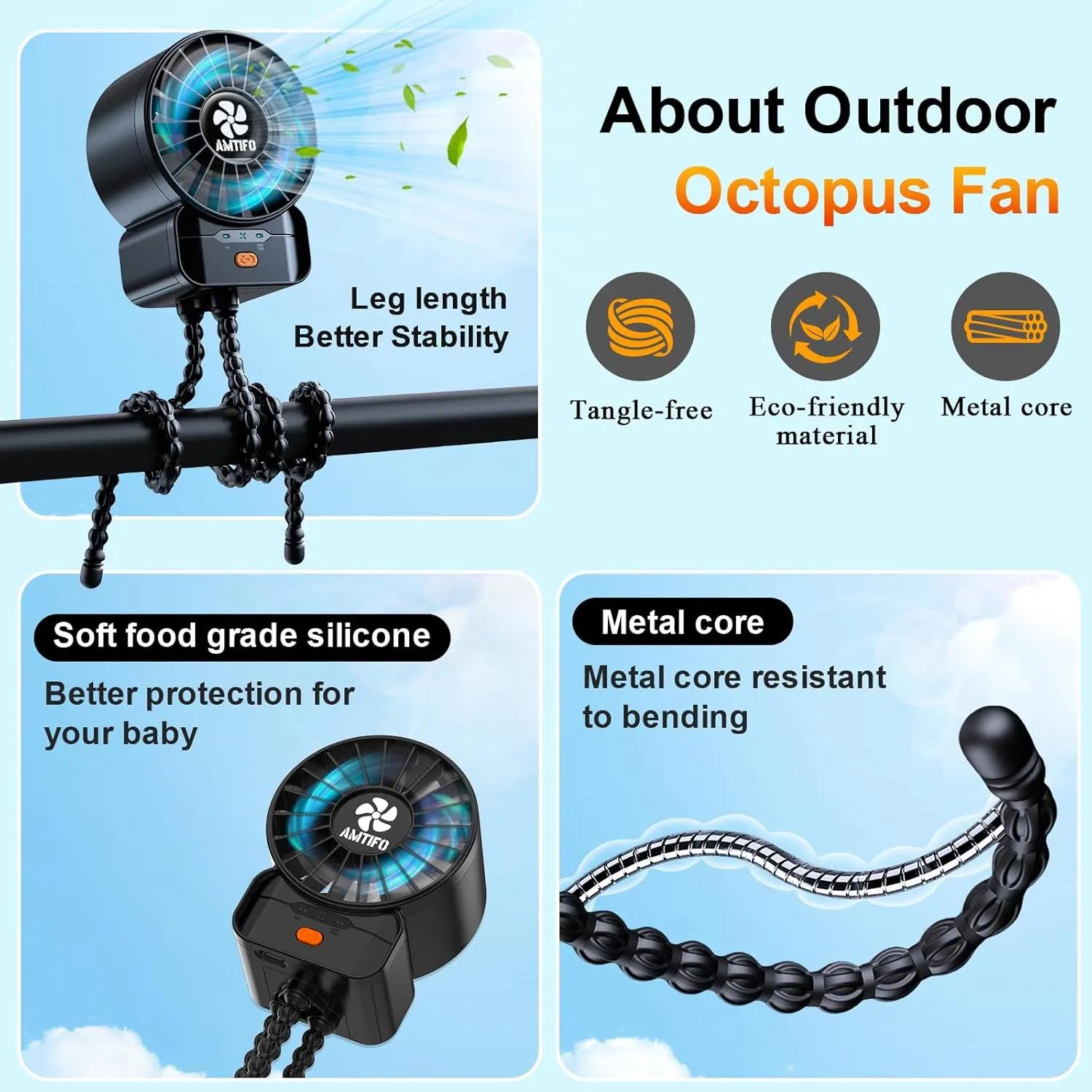 AMTIFO Portable Stroller Fan - 4-Speed Rechargeable USB Fan, Quiet Clip-on Baby Fans for Stroller Crib and Travel - Compact & Battery-Operated Cooling Fans for Baby Comfort on the Go