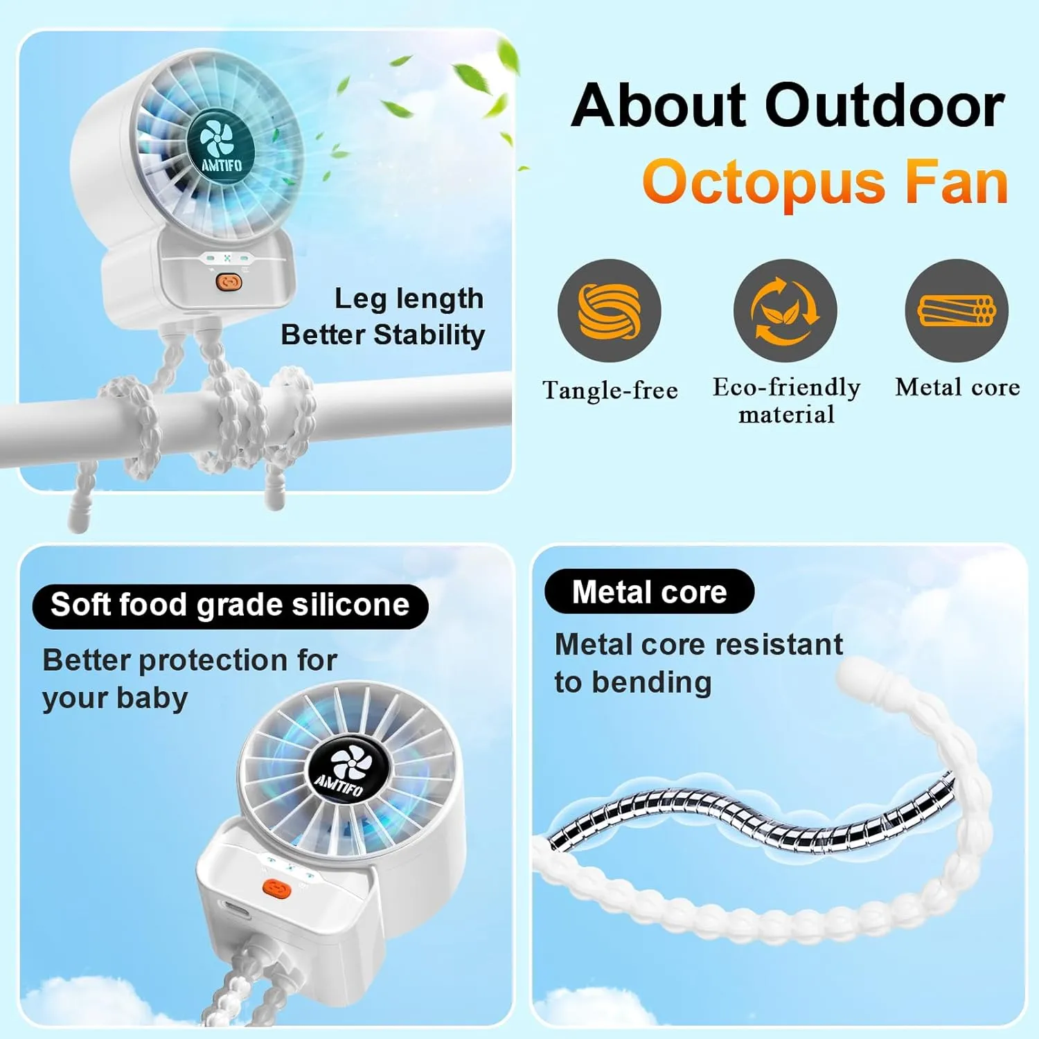 AMTIFO White Baby Fan - USB Rechargeable, Turbo Cooling, Quiet, Adjustable Speeds, Portable Stroller Fan for Babies, Car Seats, Nurseries, and Outdoor Activities, Long Battery Life